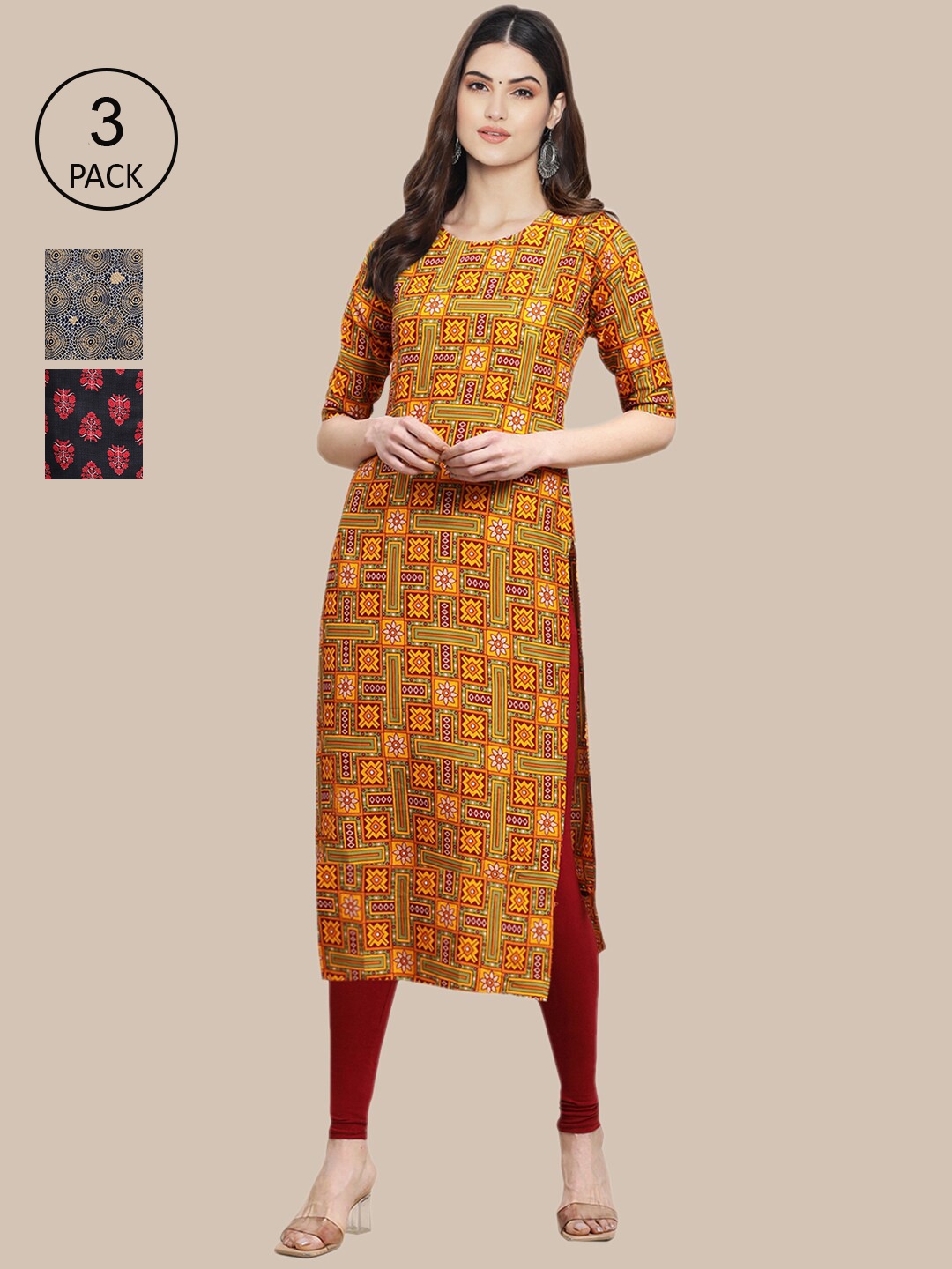 

Ethnic basket Women Pack of 3 Multicoloured Geometric Printed Crepe Kurtas, Multi