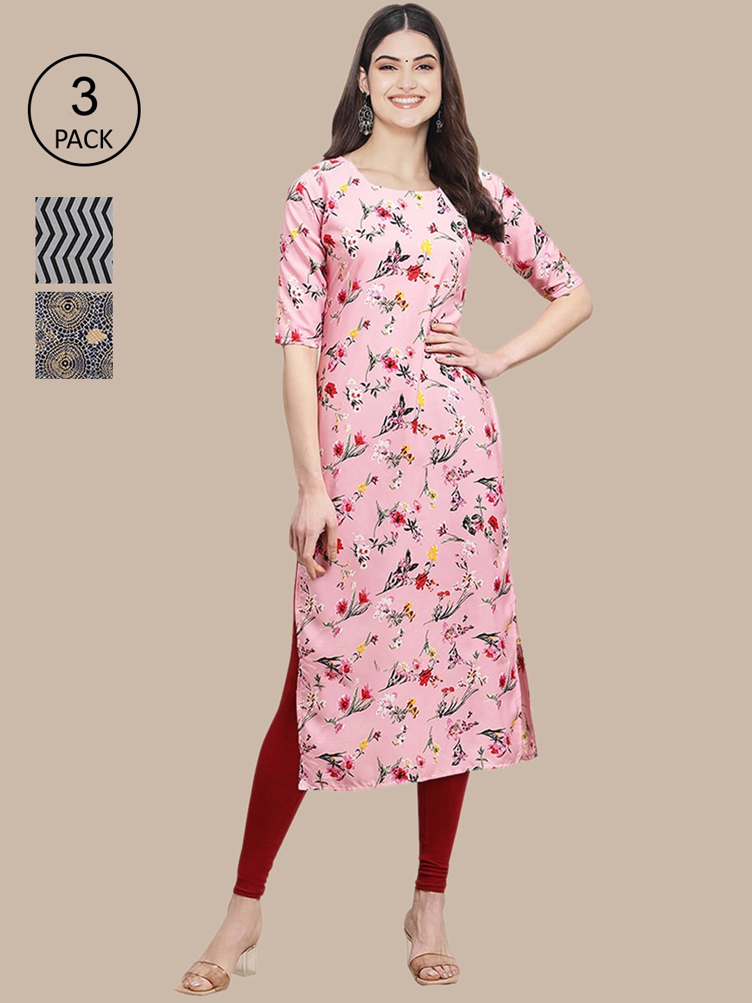 

Ethnic basket Pack of 3 Women's Printed Handloom Crepe Straight Kurta, Pink