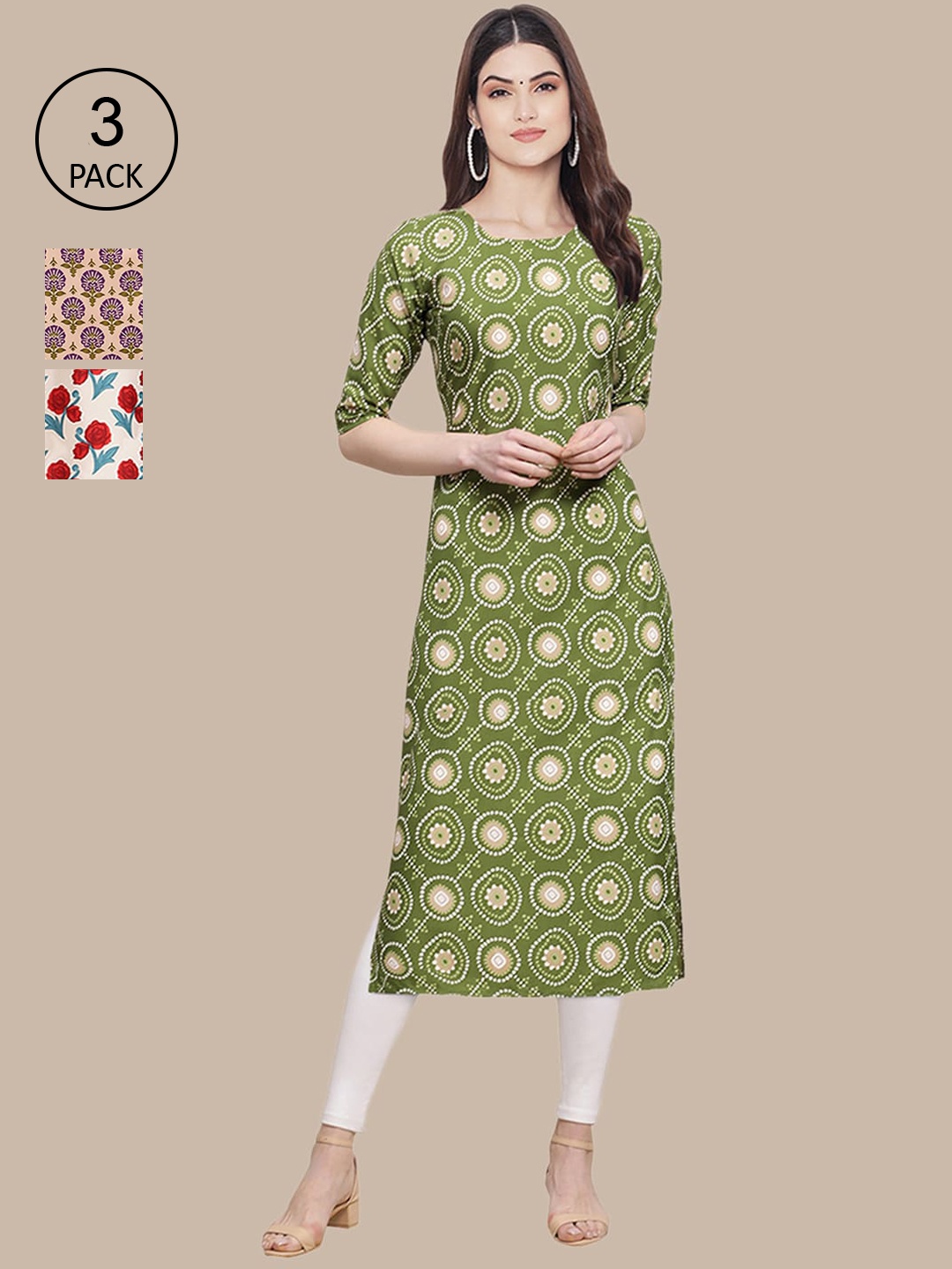 

Ethnic basket Pack of 3 Women Ethnic Motifs Printed Block Print Crepe Kurta, Green
