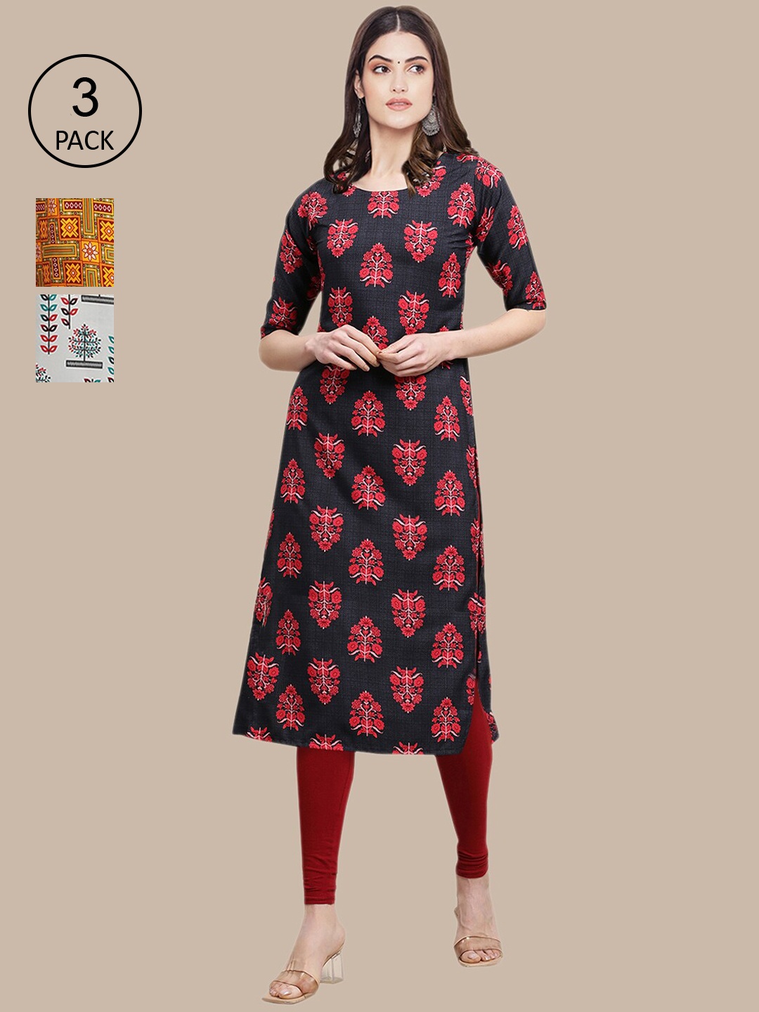 

Ethnic basket Women Pack Of 3 Black & Yellow Printed Block Print Crepe Kurtas