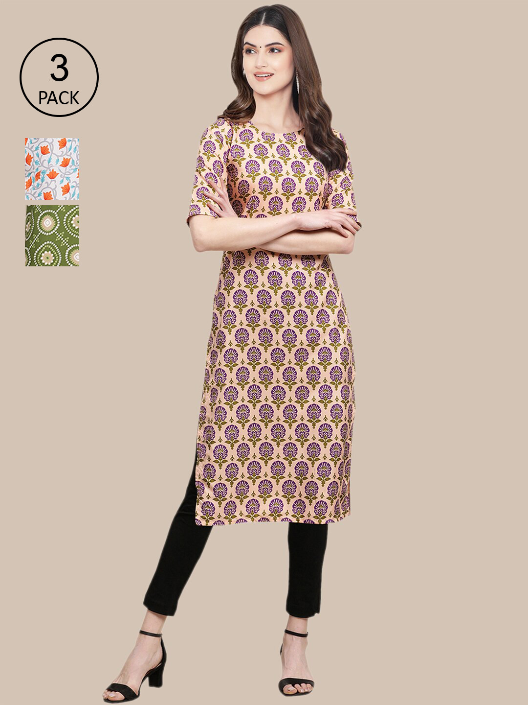 

Ethnic basket Women Pack Of 3 Cream-Coloured & White Printed Block Print Crepe Kurtas