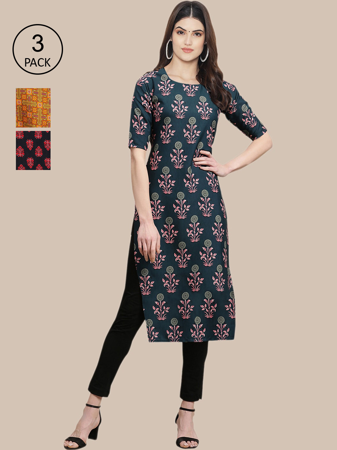 

Ethnic basket Women Pack Of 3 Blue & Mustard Yellow Printed Block Print Crepe Kurtas