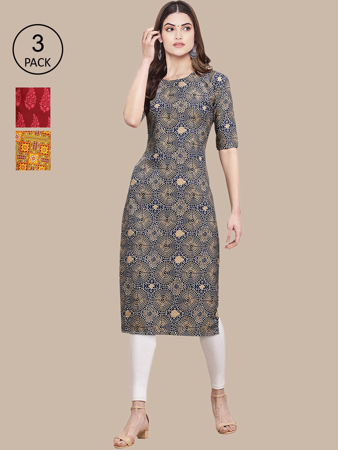 

Ethnic basket Women Pack Of 3 Blue & Red Motifs Printed Block Print Crepe Kurtas