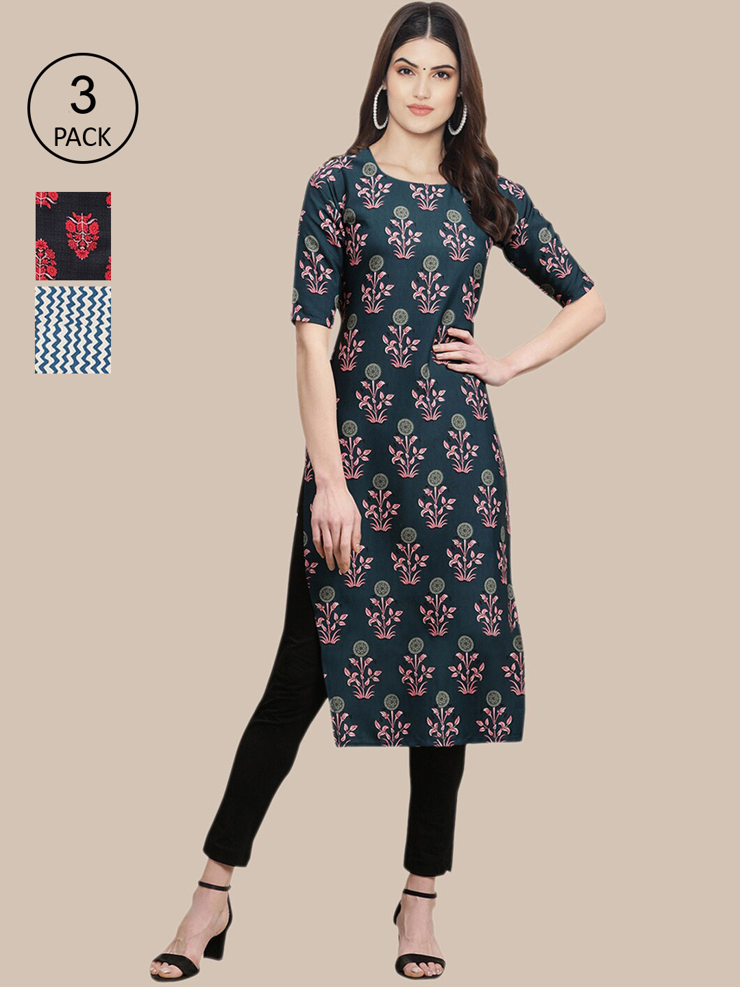 

Ethnic basket Women Pack Of 3 Blue & Black Geometric Striped Block Print Crepe Kurtas