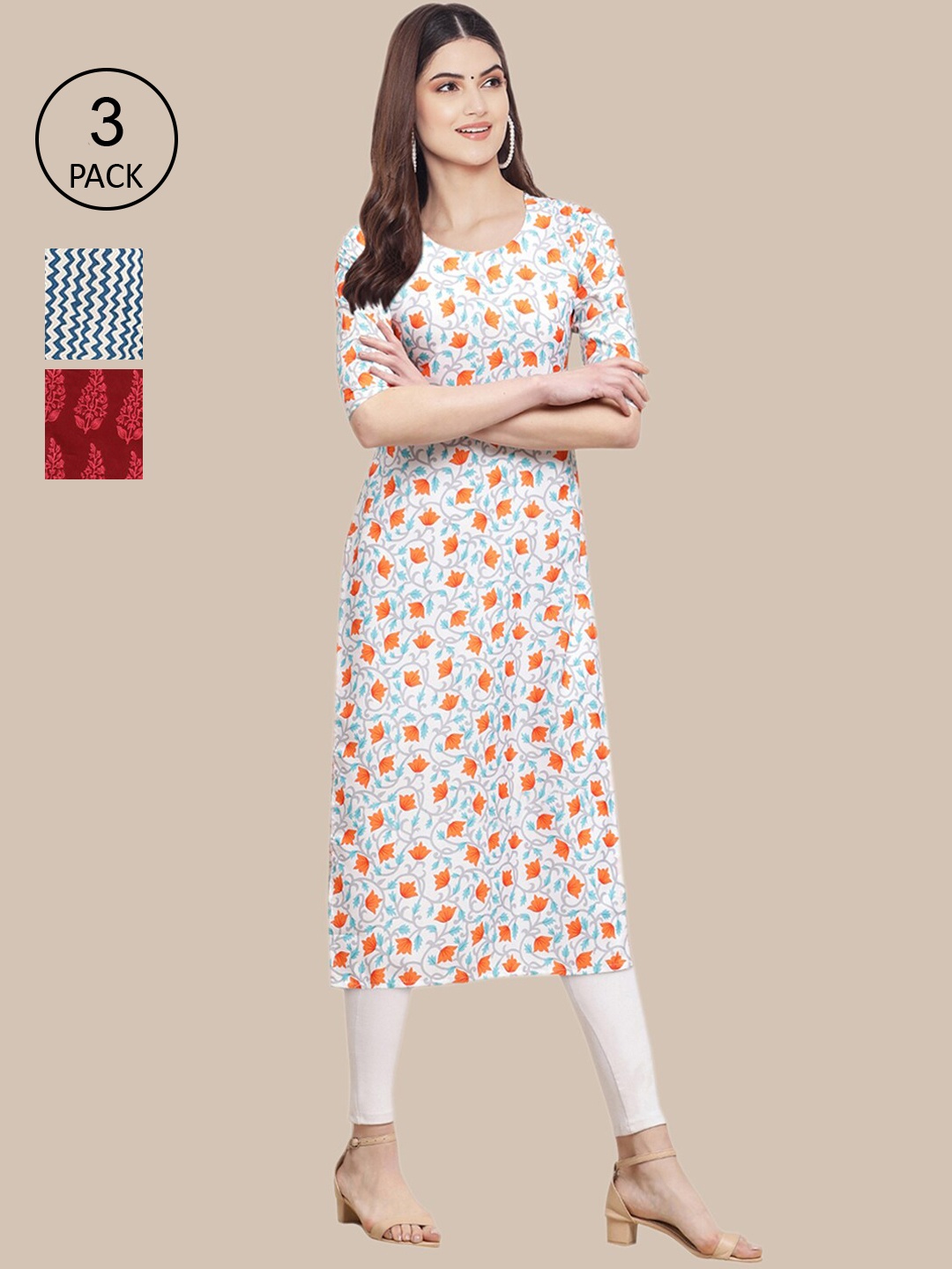 

Ethnic basket Pack of 3 Women Ethnic Motifs Printed Block Print Crepe Kurta, White