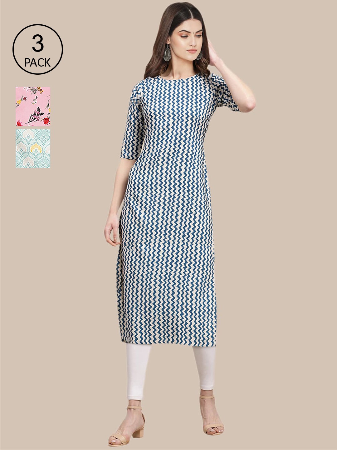 

Ethnic basket Women Pack Of 3 Geometric Striped Block Print Crepe Kurtas, Blue