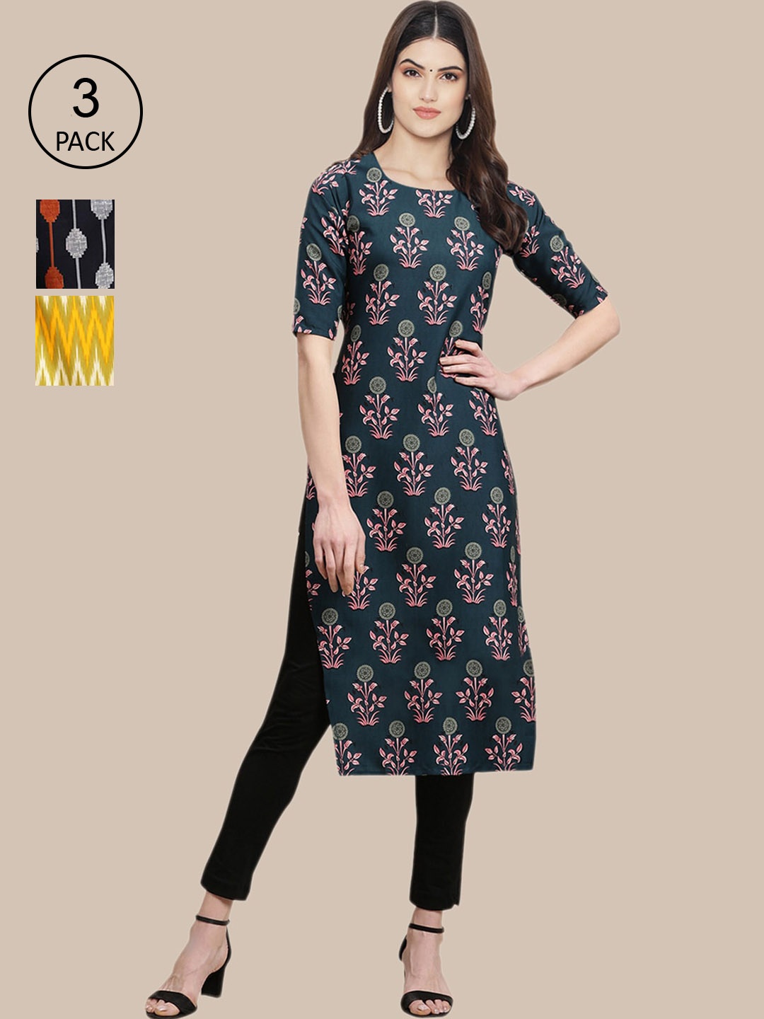 

Ethnic basket Pack of 3 Women Ethnic Motifs Printed Block Print Crepe Kurta, Green