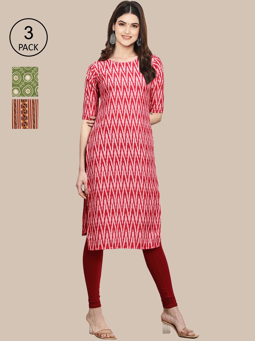 

Ethnic basket Women Pack Of 3 Red & Green Ethnic Motifs Printed Block Print Crepe Kurtas