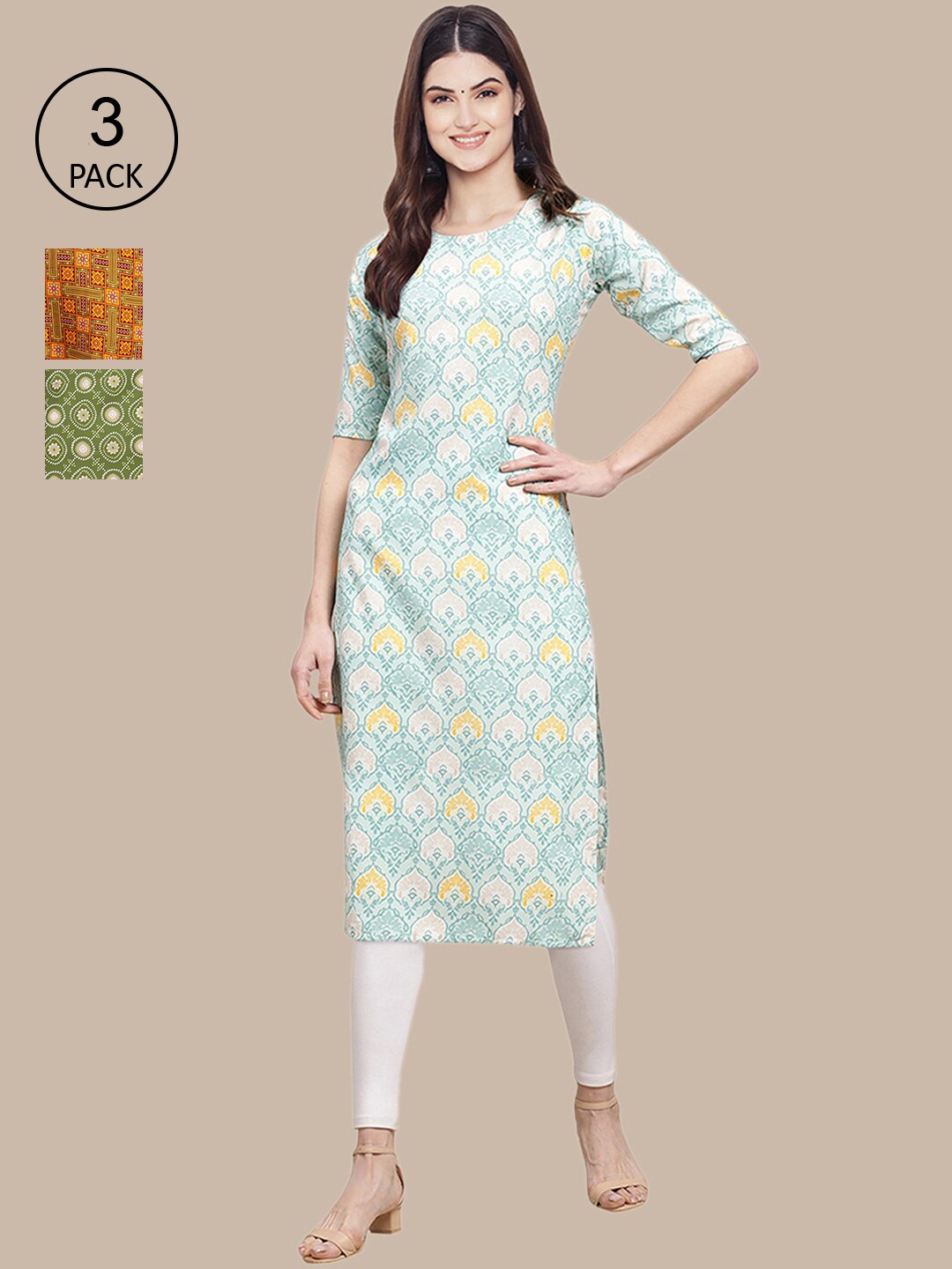 

Ethnic basket Pack of 3 Women Ethnic Motifs Printed Block Print Crepe Kurta, Blue