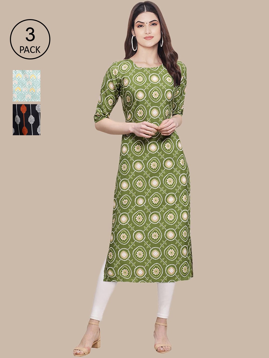 

Ethnic basket Stylish Pack of 3 Women's Crepe Printed Straight Kurta, Green