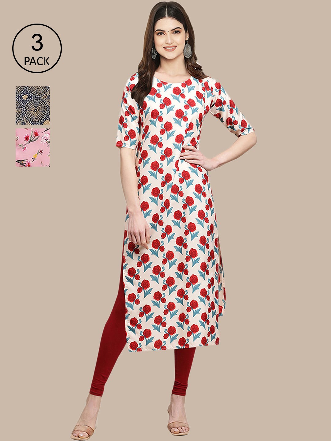 

Ethnic basket Pack Of 3 Women Peach-Coloured & Pink Floral Printed Crepe Kurta