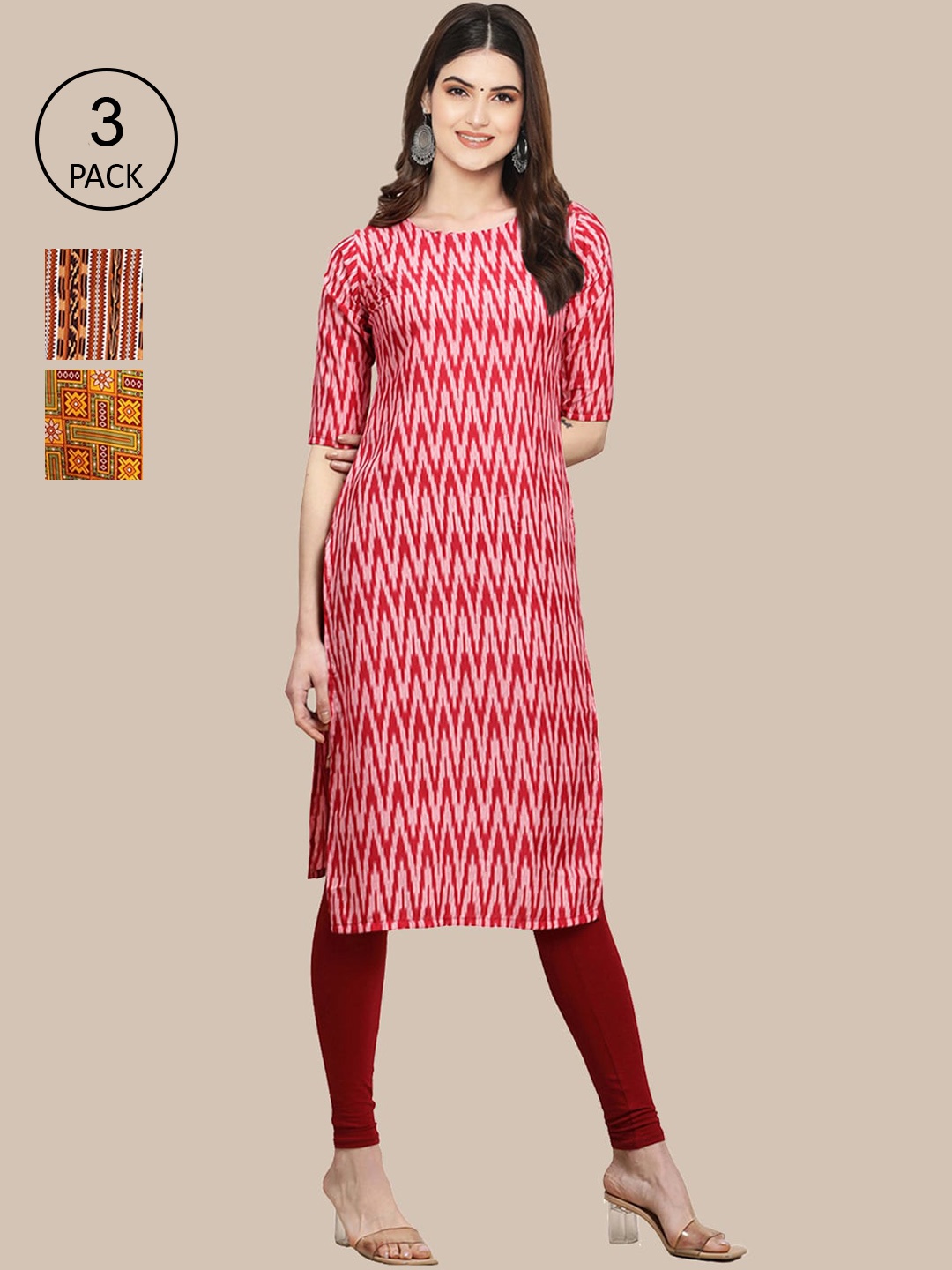 

Ethnic basket Pack Of 3 Women Red & Brown Geometric Printed Crepe Kurta