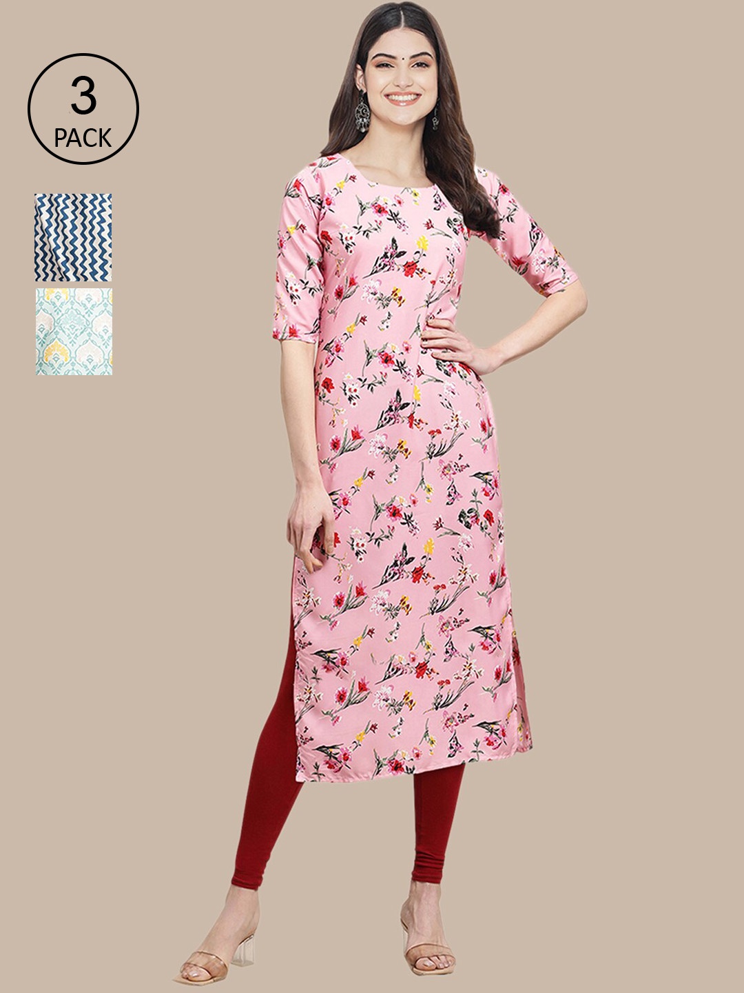 

Ethnic basket Pack Of 3 Women Pink & Sea Green Floral Printed Crepe Kurta