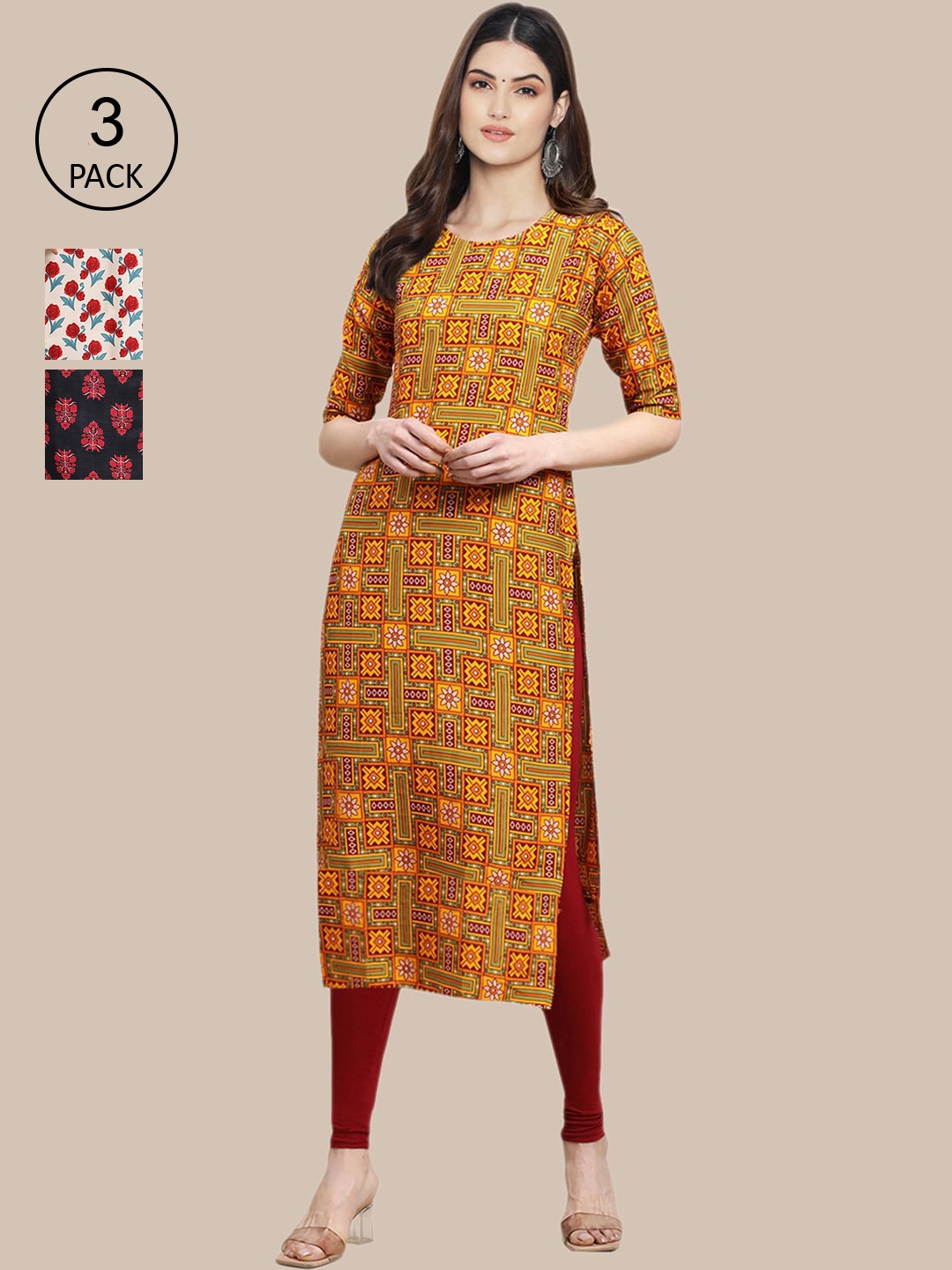 

Ethnic basket Pack of 3 Women Ethnic Motifs Printed Block Print Crepe Kurta, Mustard