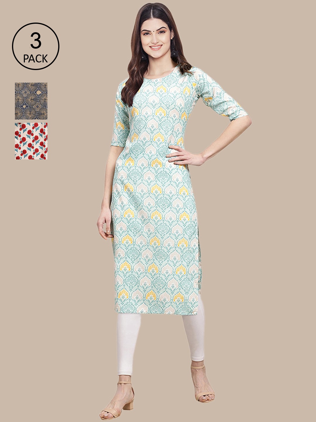 

Ethnic basket Pack Of 3 Women Sea Green & Blue Geometric Printed Crepe Kurta