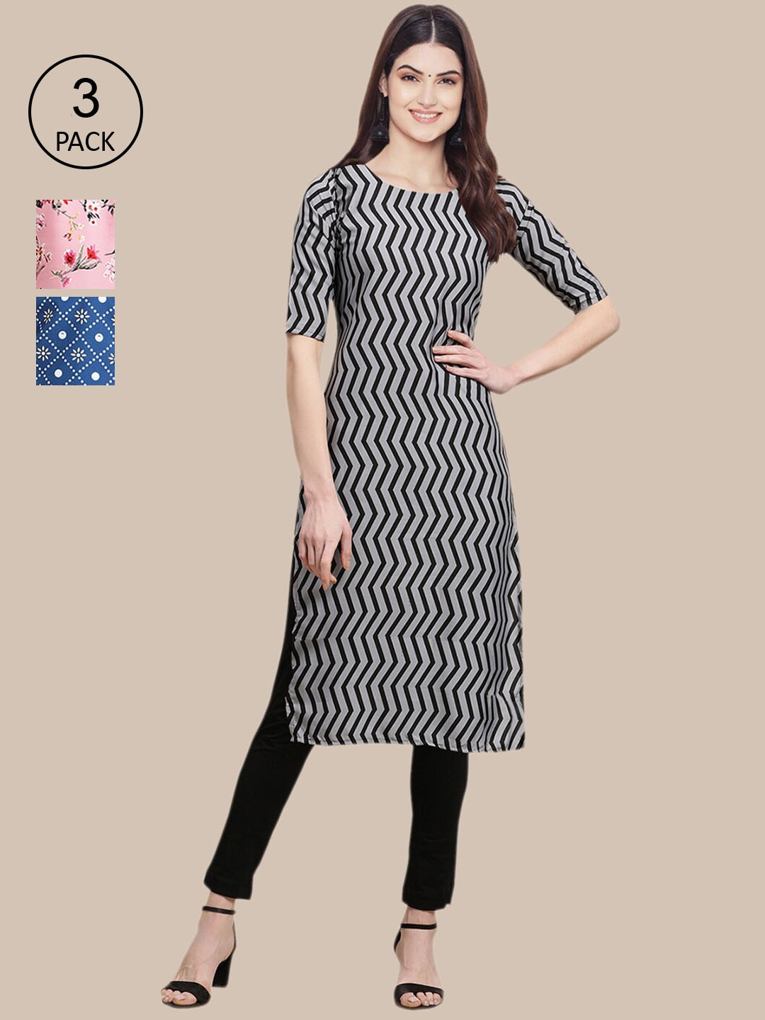 

Ethnic basket Pack Of 3 Women Grey & Pink Floral Printed Crepe Kurta