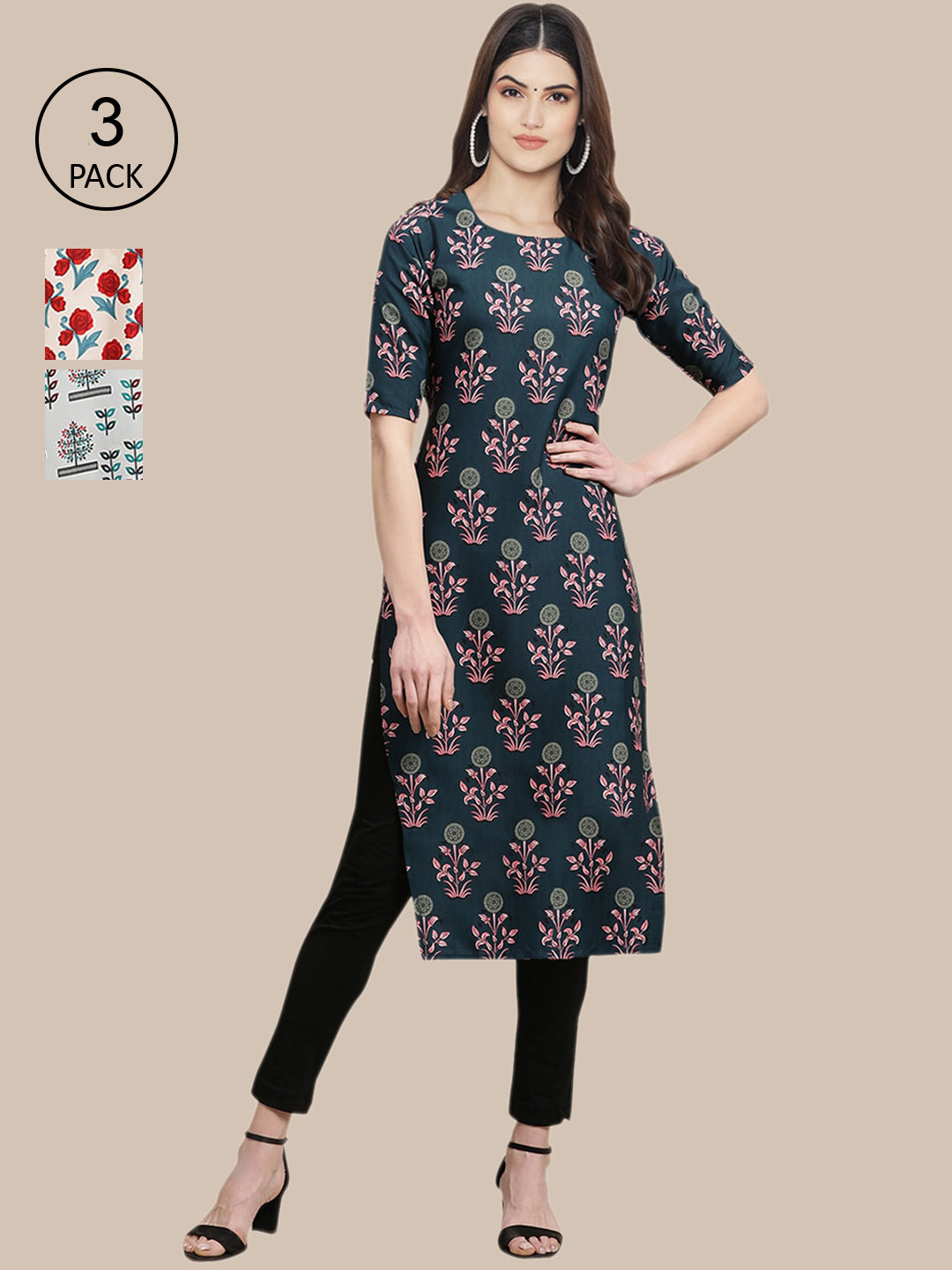 

Ethnic basket Women Set Of 3 Navy Blue & White Floral Printed Crepe Kurta