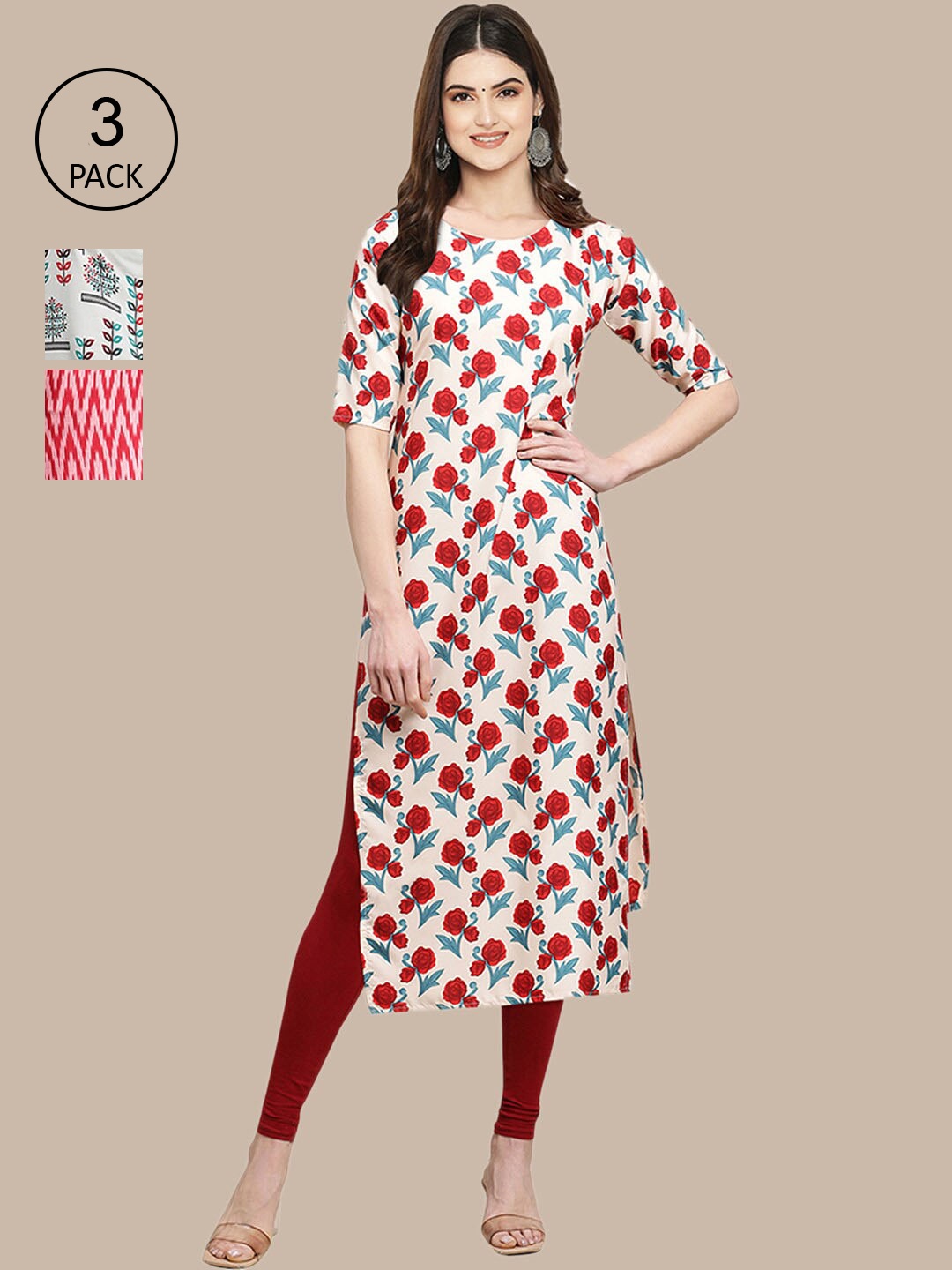 

Ethnic basket Pack of 3 Women Floral Printed Block Print Crepe Kurta, White