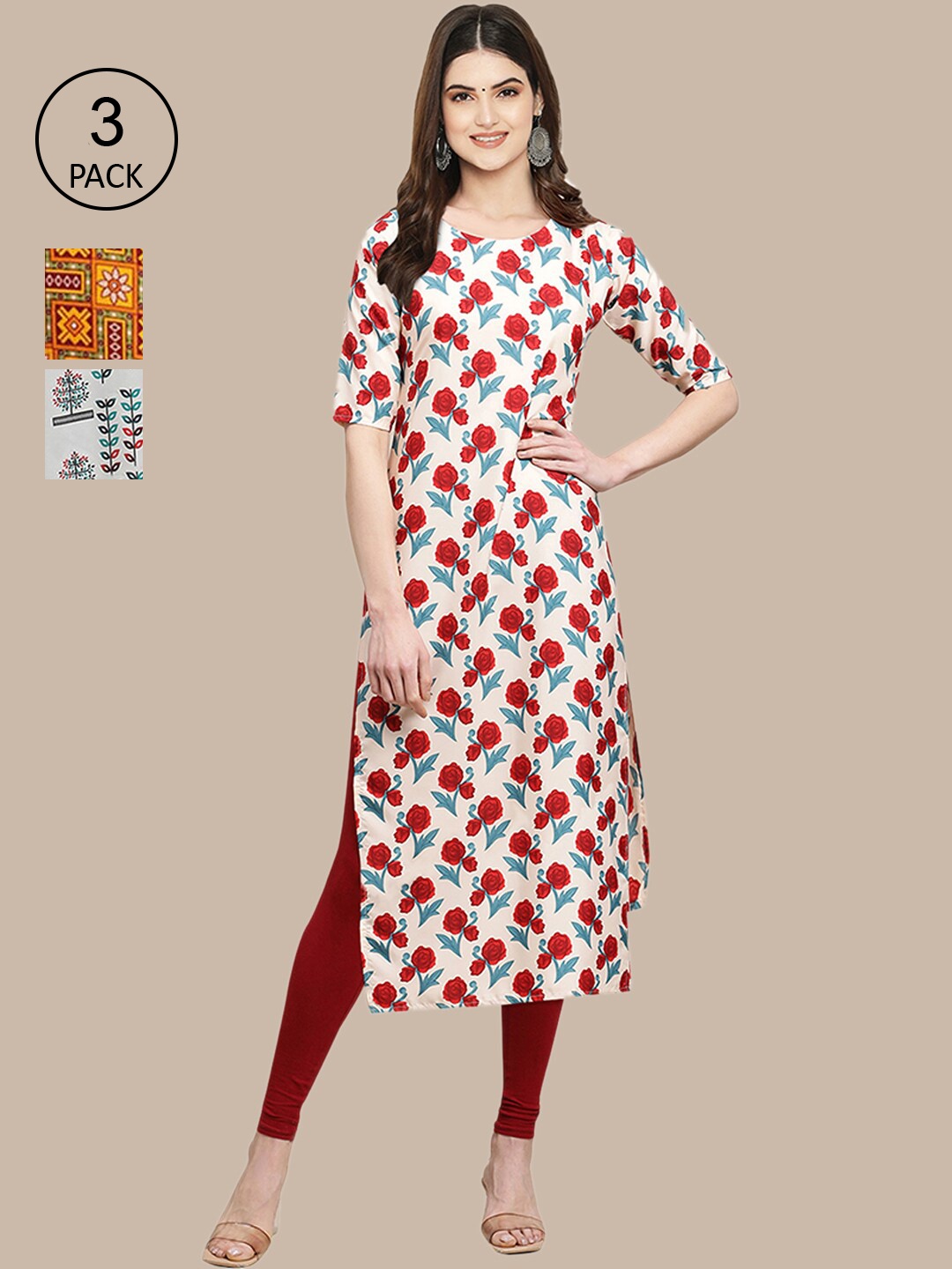 

Ethnic basket Stylish Pack of 3 Women's Crepe Printed Straight Kurta, Beige