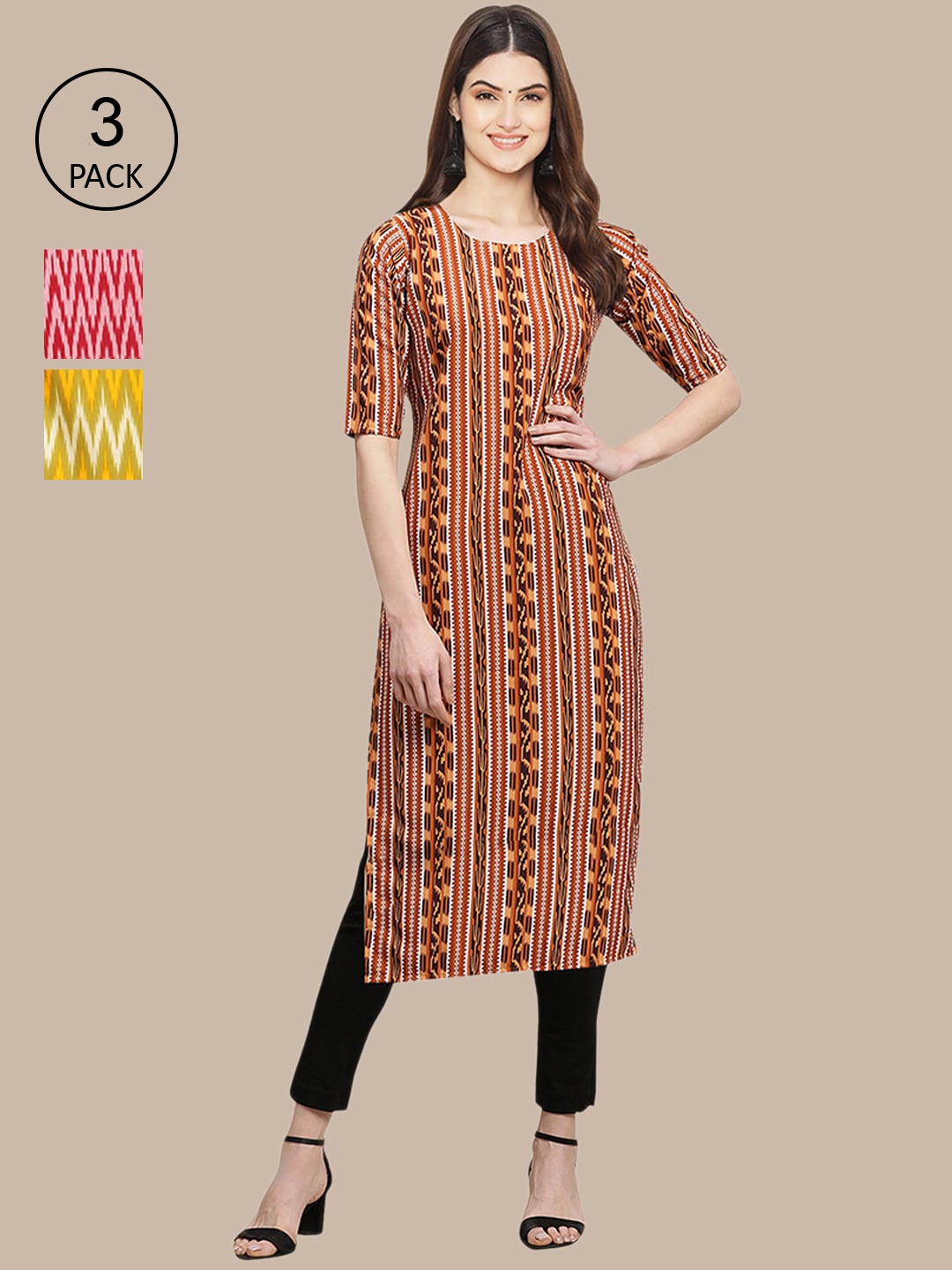 

Ethnic basket Pack of 3 Women Ethnic Motifs Printed Block Print Crepe Kurta, Mustard