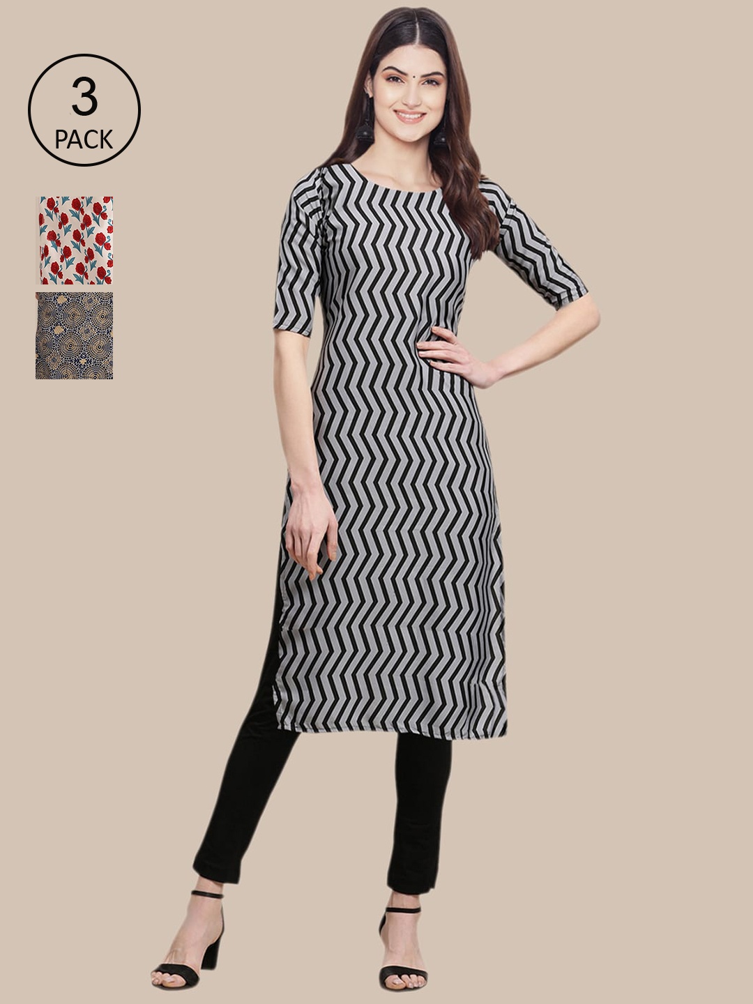 

Ethnic basket Stylish Pack of 3 Women's Crepe Printed Straight Kurta, Grey