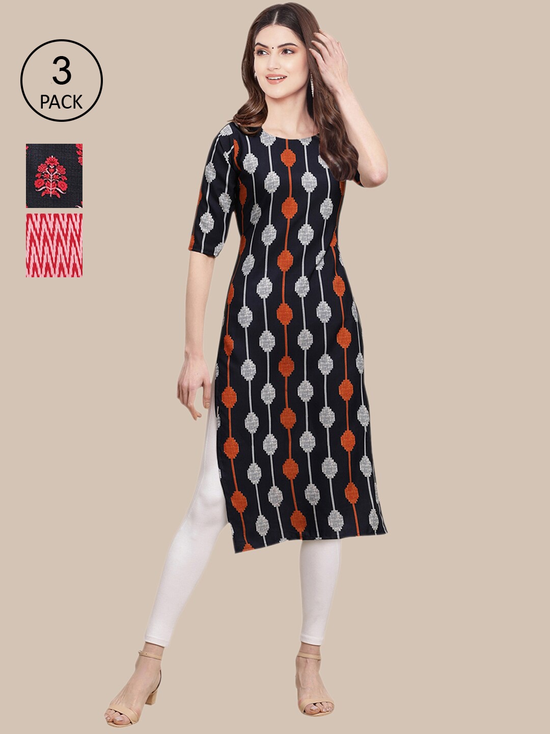 

Ethnic basket Pack of 3 Women Black & Red Ethnic Motifs Printed Block Print Crepe Kurta