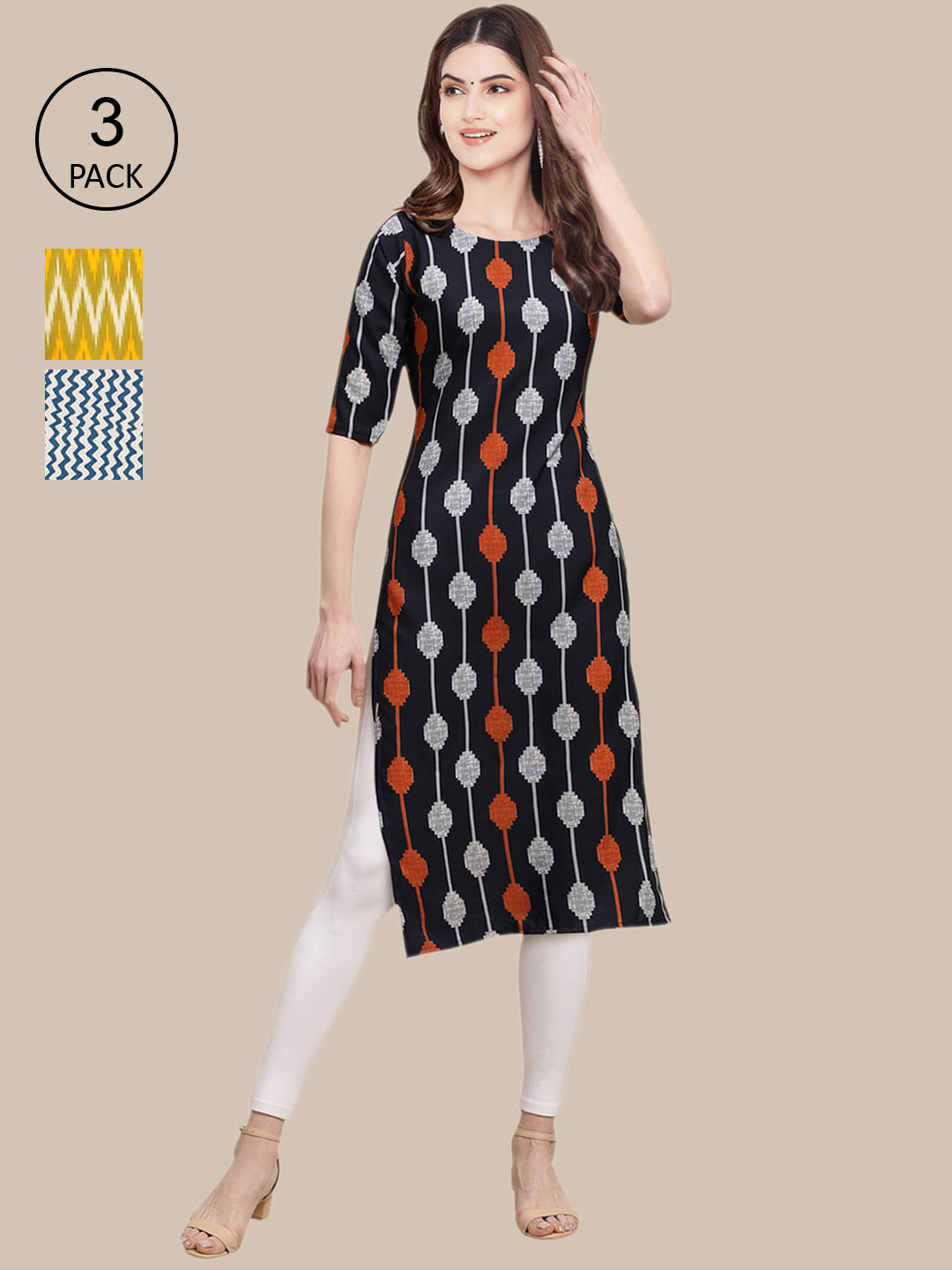

Ethnic basket Women Pack of 3 Printed Kurta, Black