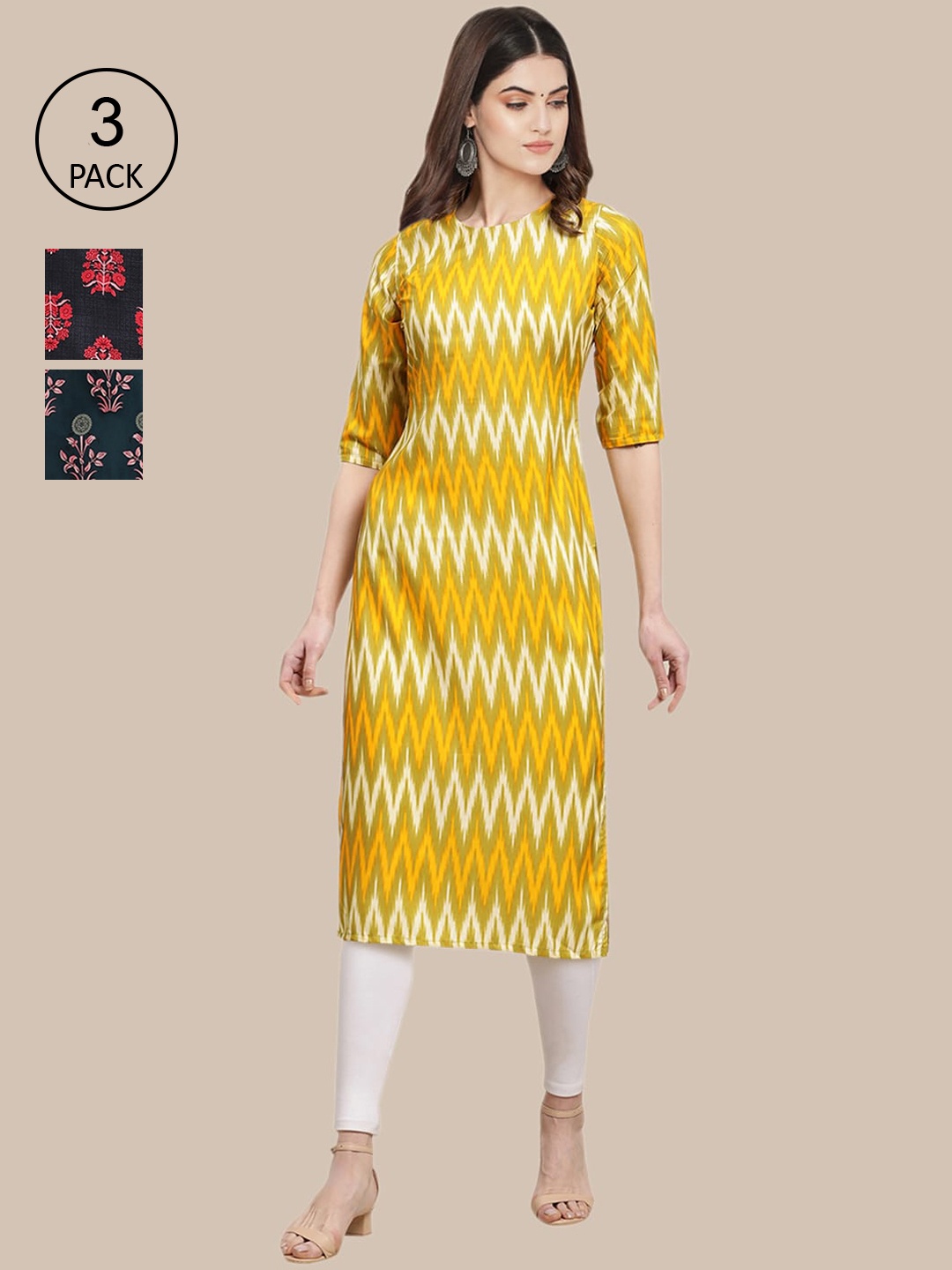 

Ethnic basket Pack Of 3 Women Yellow & Black Floral Printed Crepe Kurta