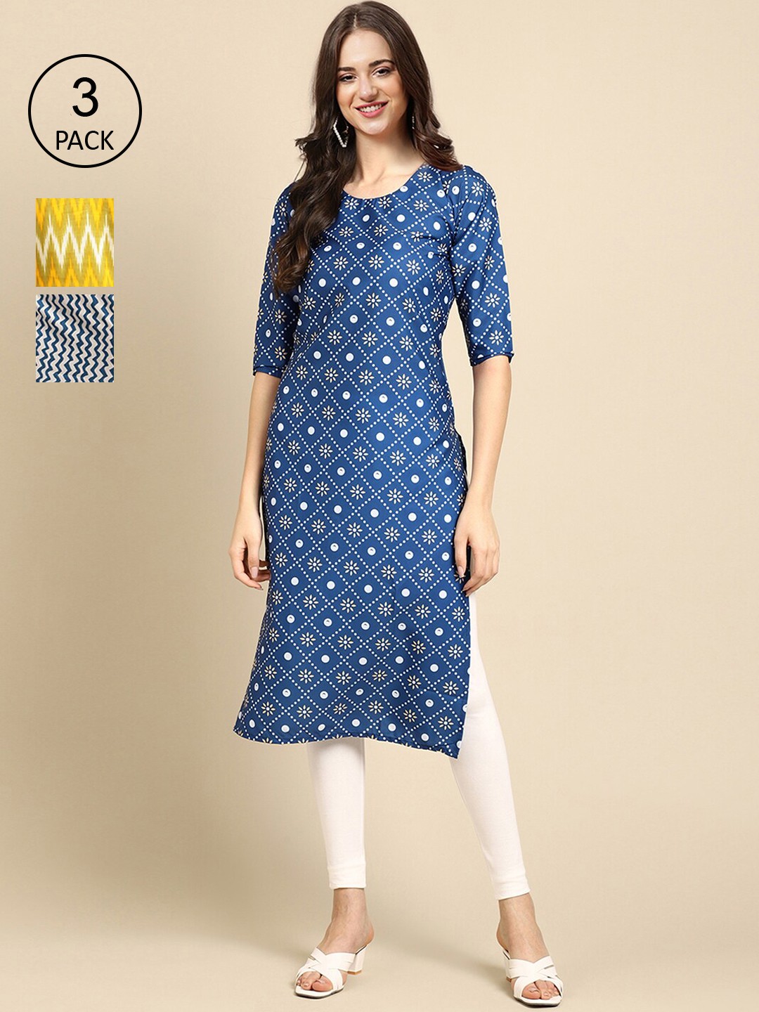 

Ethnic basket Pack of 3 Print Crepe Kurta, Blue