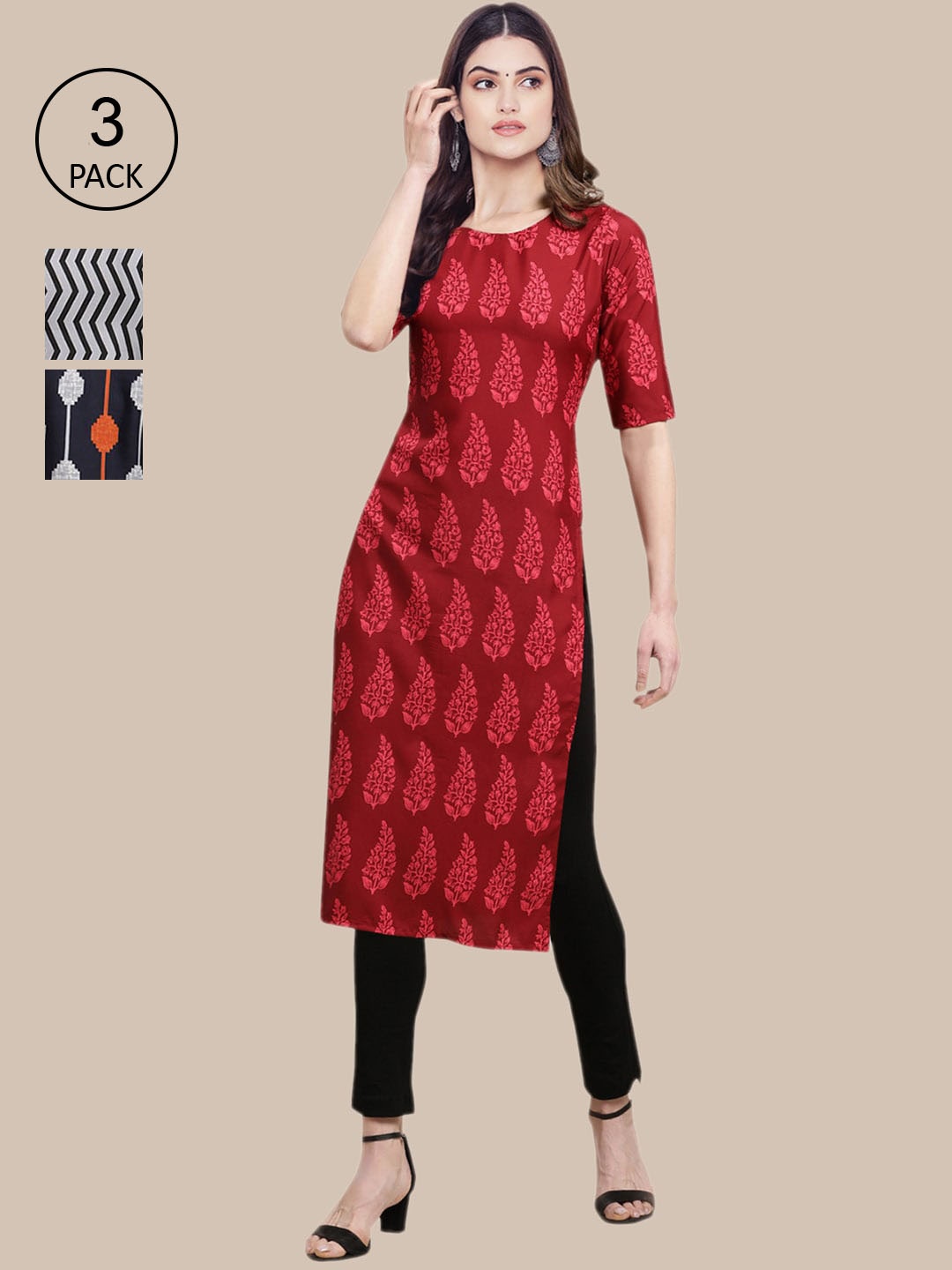 

Ethnic basket Women Pack of 3 Crepe Kurta, Red