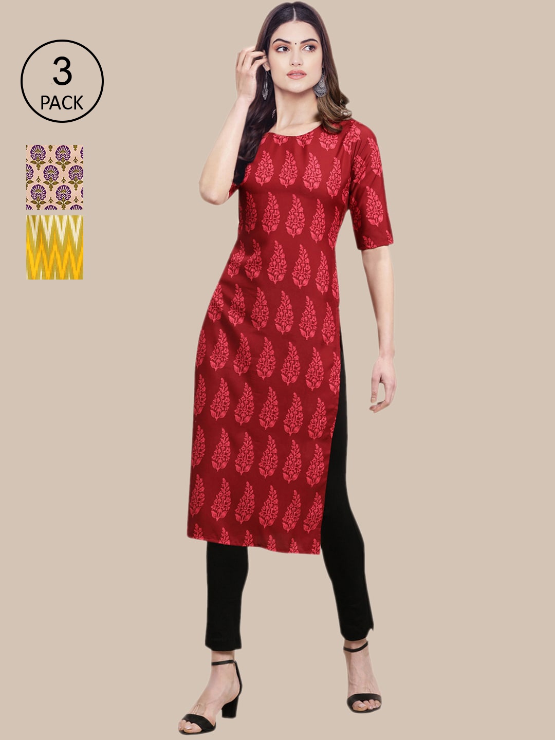 

Ethnic basket Women Pack of 3 Crepe Kurta, Red