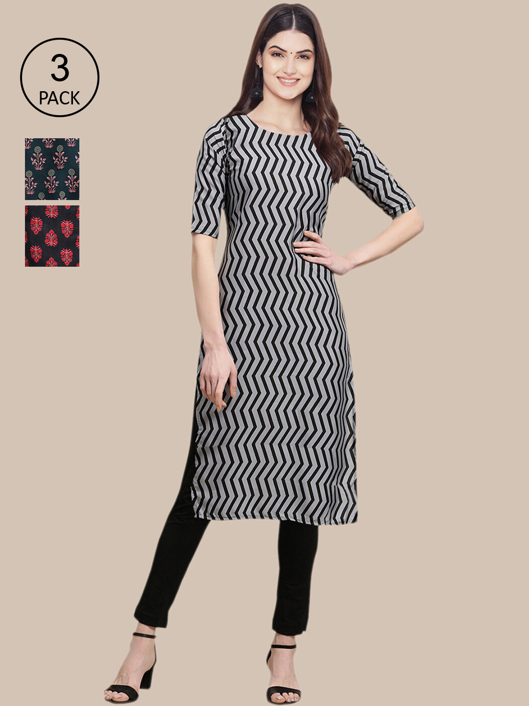 

Ethnic basket Stylish Pack of 3 Women's Crepe Printed Straight Kurta, Grey