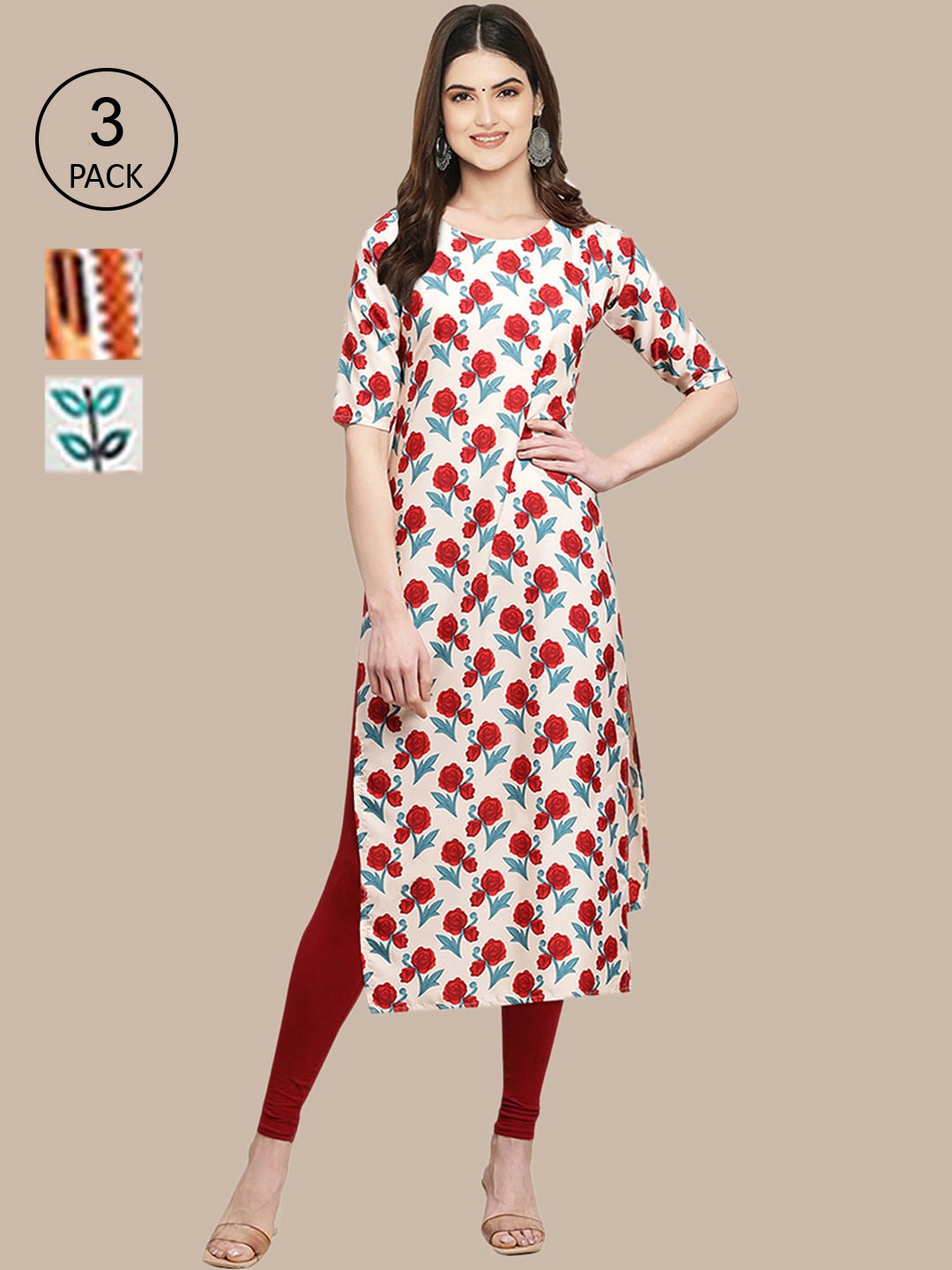 

Ethnic basket Women Pack Of 3 Printed Crepe Straight Kurta, Off white