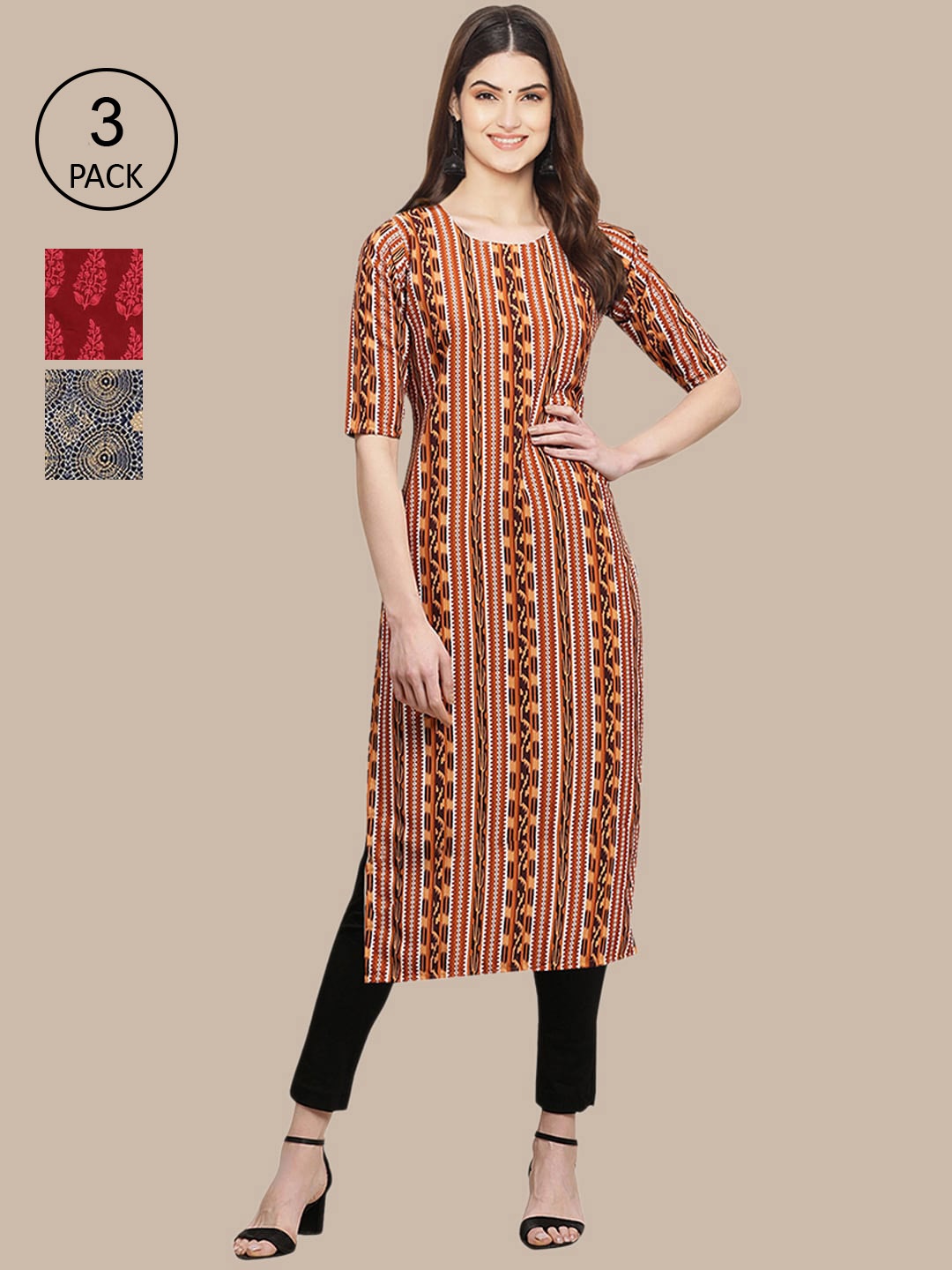 

Ethnic basket Stylish Pack of 3 Women's Crepe Printed Straight Kurta, Brown