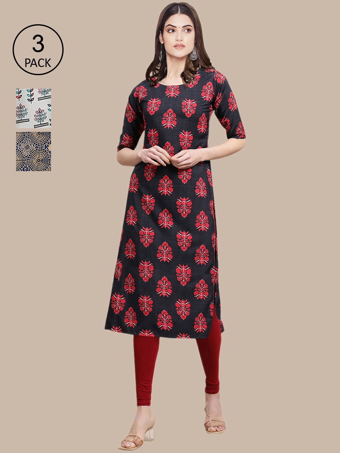 

Ethnic basket Women Pack of 3 Ethnic Motifs Printed Crepe Kurta, Black