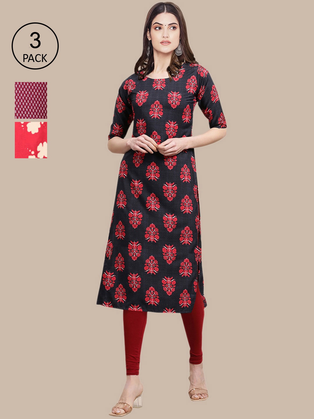 

Ethnic basket Women Pack Of 3 Ethnic Motifs Printed Crepe Kurta, Black