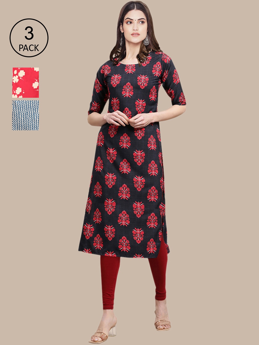 

Ethnic basket Women Pack of 3 Ethnic Motifs Printed Crepe Kurta, Black