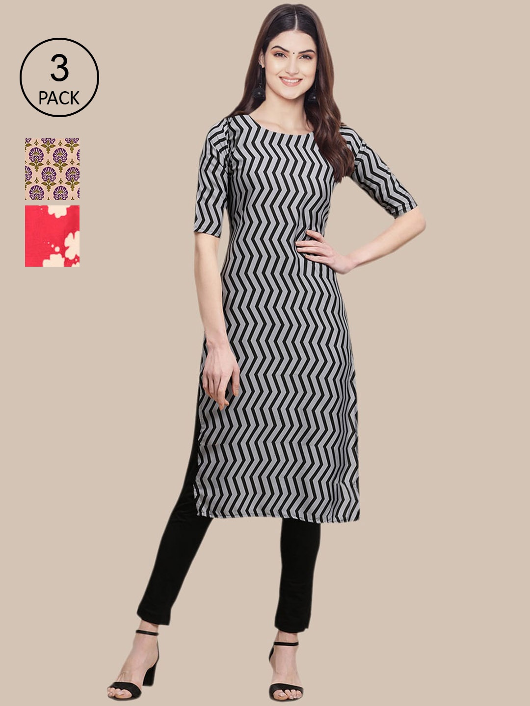 

Ethnic basket Stylish Pack of 3 Women's Crepe Printed Straight Kurta, Black