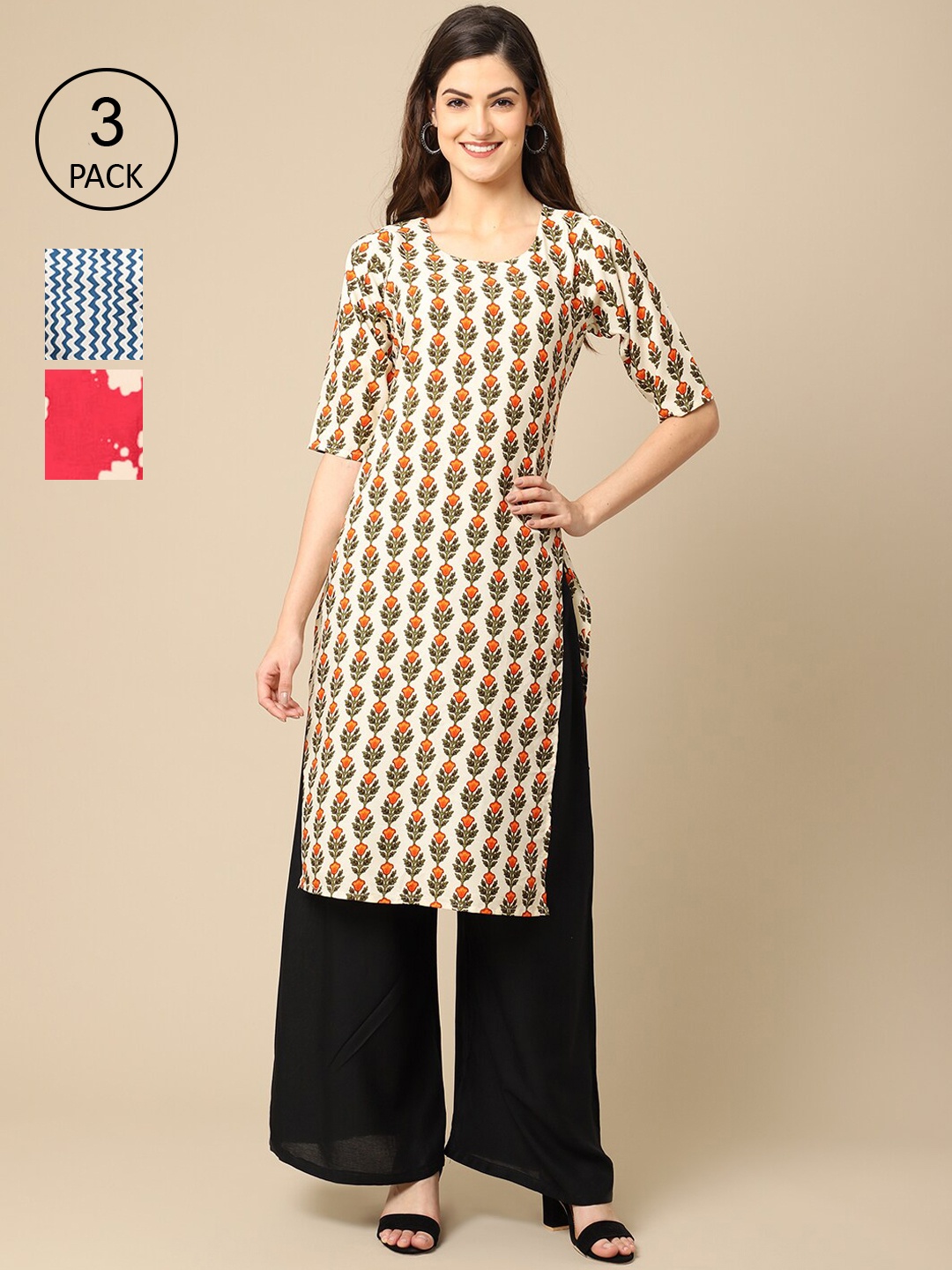 Ethnic basket Pack Of 3 Women Cream-Coloured & Red Floral Printed Crepe Kurta