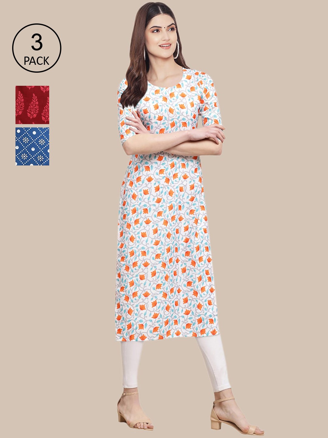 

Ethnic basket Stylish Pack of 3 Women's Crepe Printed Straight Kurta, Off white