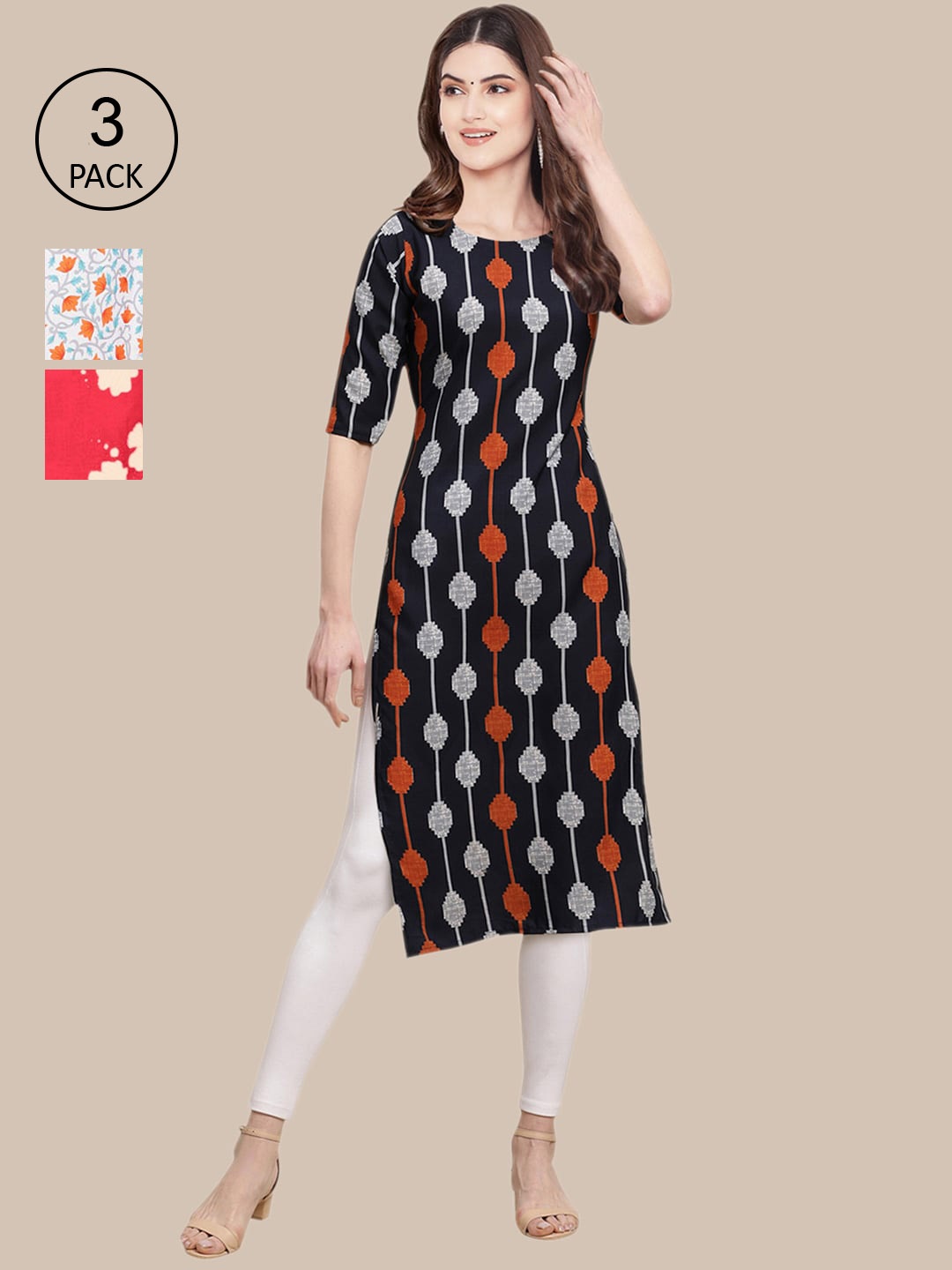 

Ethnic basket Pack Of 3 Women Black & White Ethnic Motifs Printed Crepe Kurta