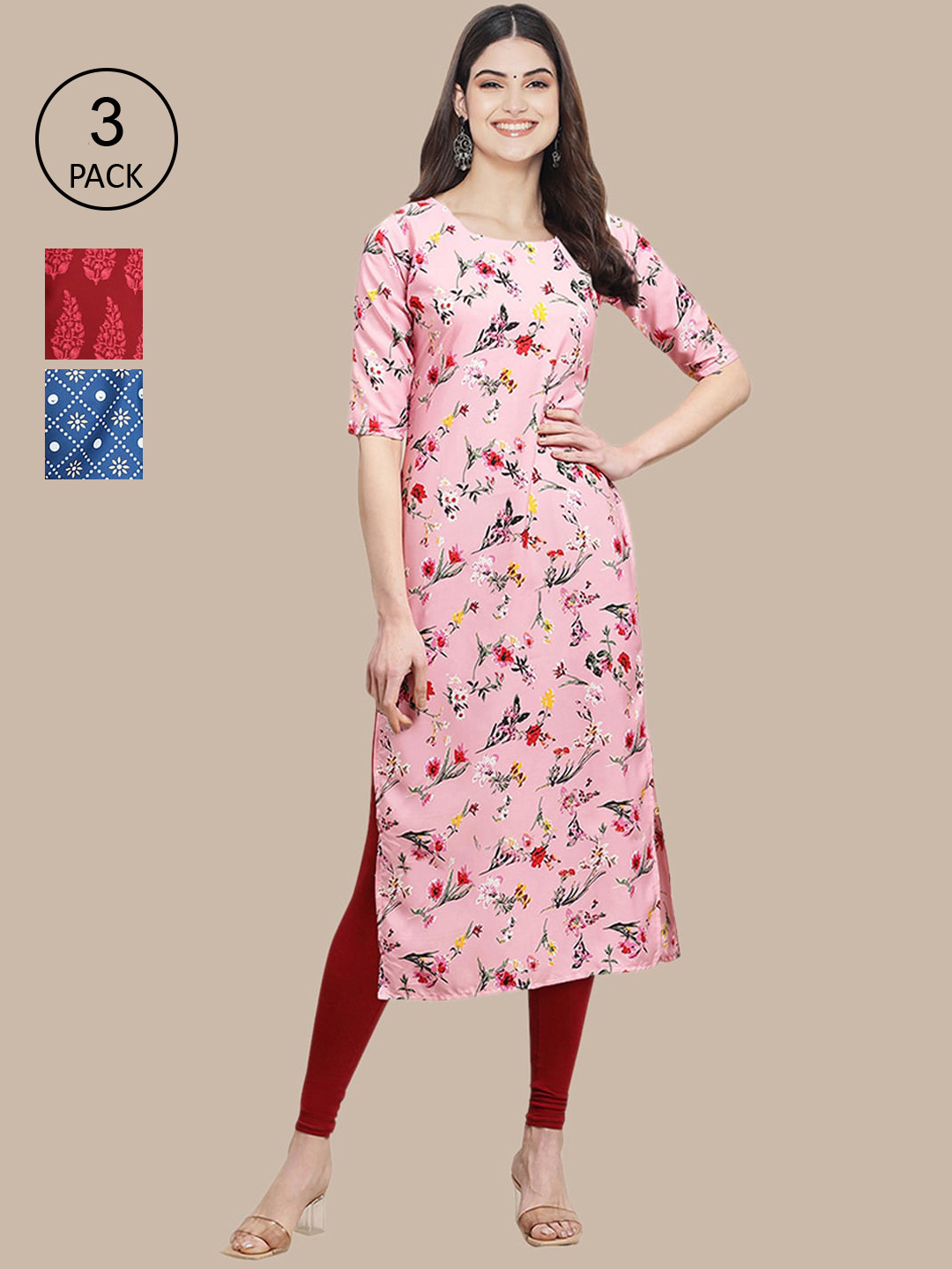 

Ethnic basket Pack Of 3 Women Pink & Blue Floral Printed Crepe Kurta