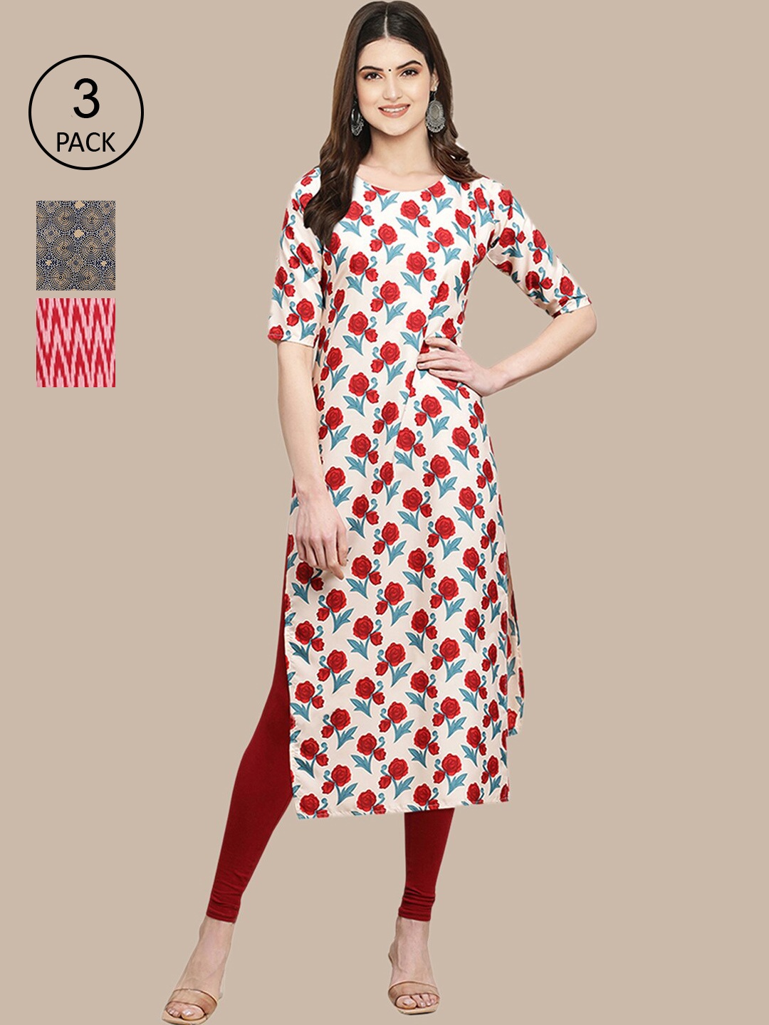 

Ethnic basket Pack Of 3 Women Cream-Coloured & Blue Floral Printed Crepe Kurta