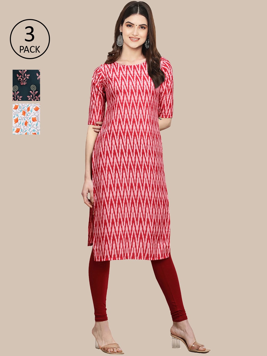 

Ethnic basket Women Pack Of 3 Ethnic Motifs Printed Crepe Kurta, Red