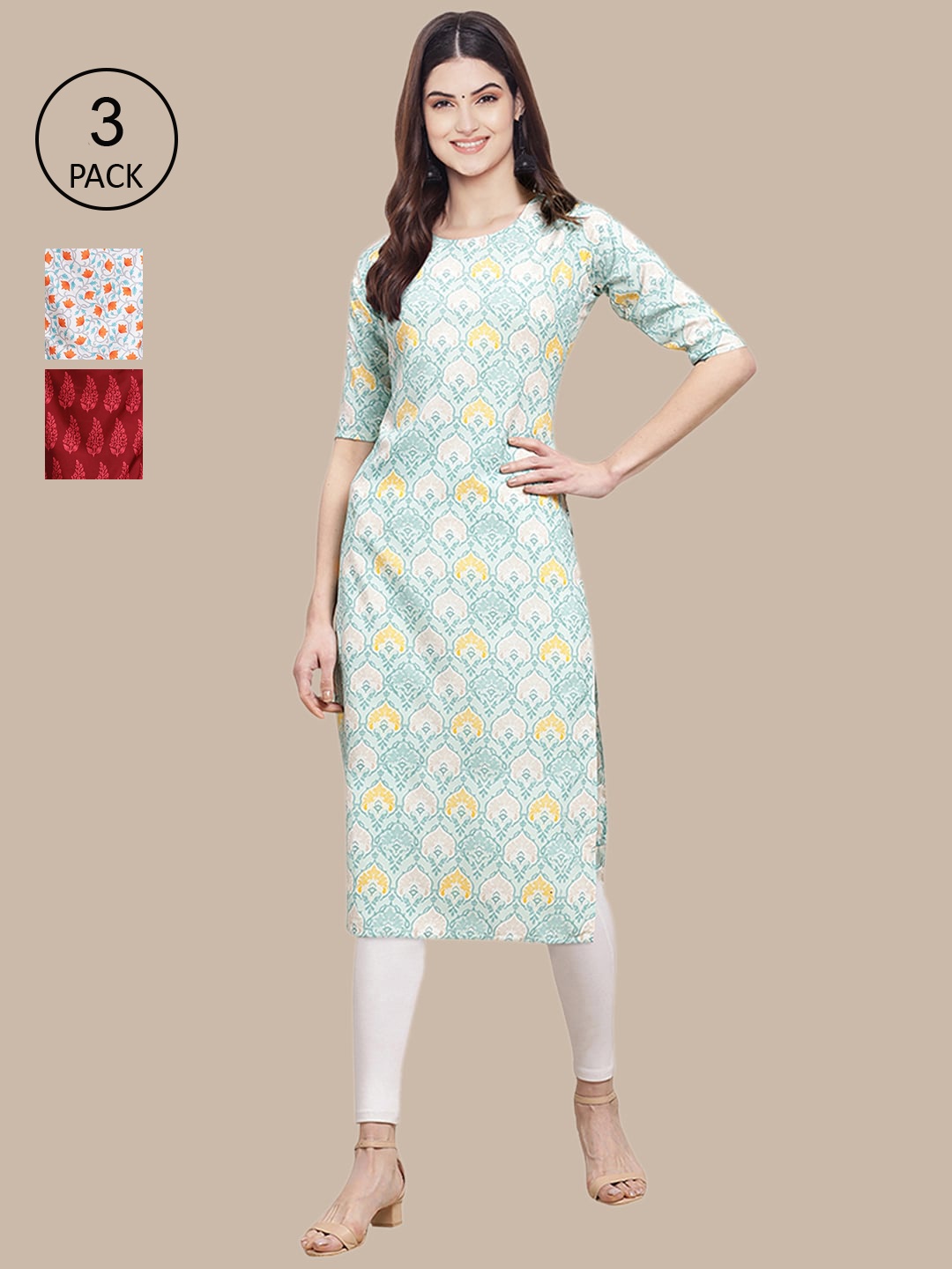 

Ethnic basket Women Pack of 3 Ethnic Motifs Printed Crepe Kurta, Maroon