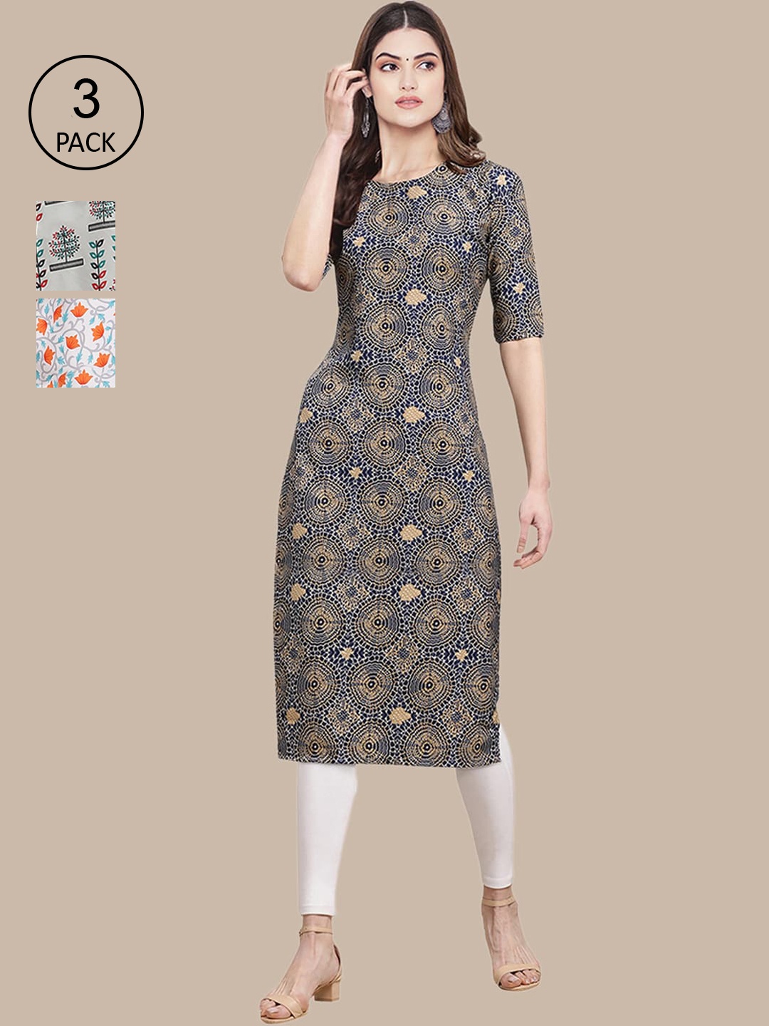 

Ethnic basket Pack Of 3 Women Grey & Blue Geometric Printed Crepe Kurta