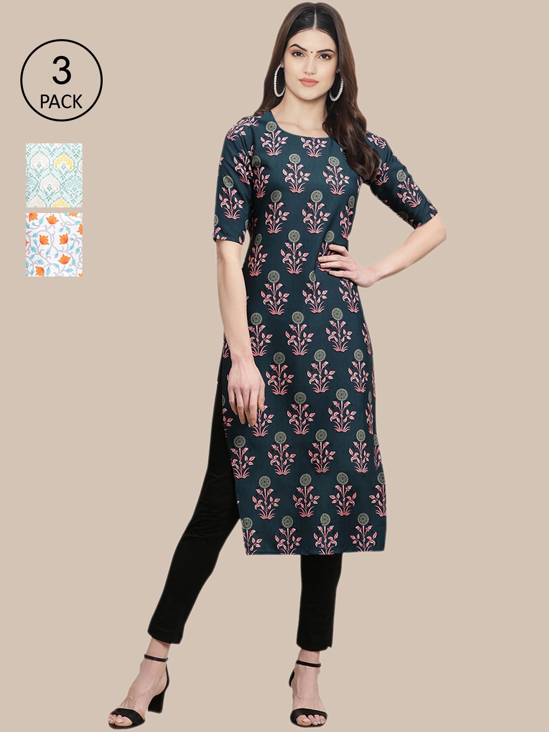 

Ethnic basket Women Pack of 3 Floral Printed Crepe Kurta, Green
