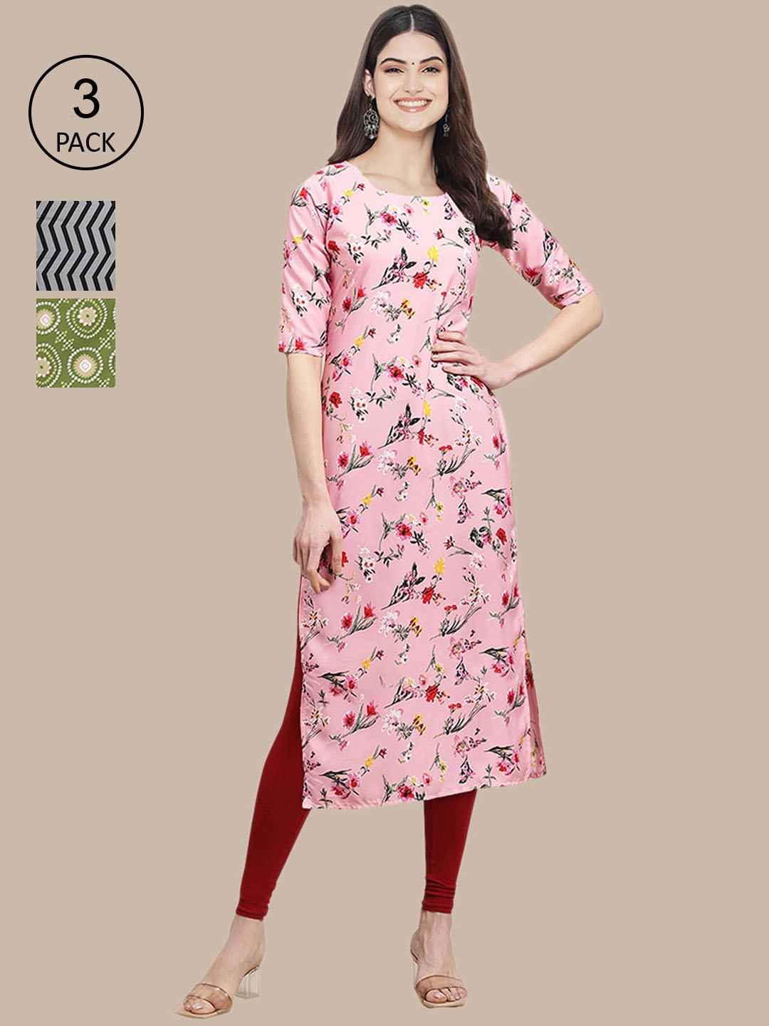 

Ethnic basket Women Pack of 3 Ethnic Motifs Printed Crepe Kurta, Green