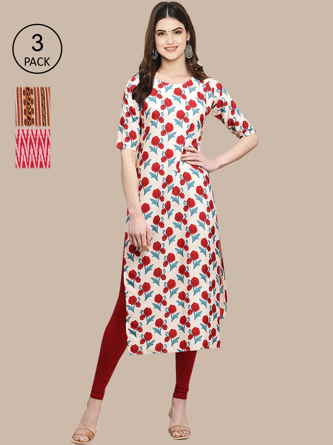 

Ethnic basket Women Pack of 3 Ethnic Motifs Printed Crepe Kurta, Red