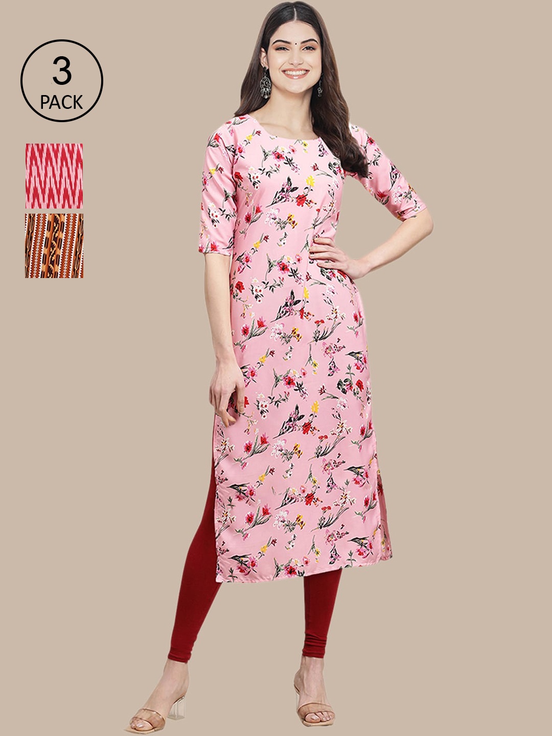 

Ethnic basket Women Pack of 3 Ethnic Motifs Printed Crepe Kurta, Pink